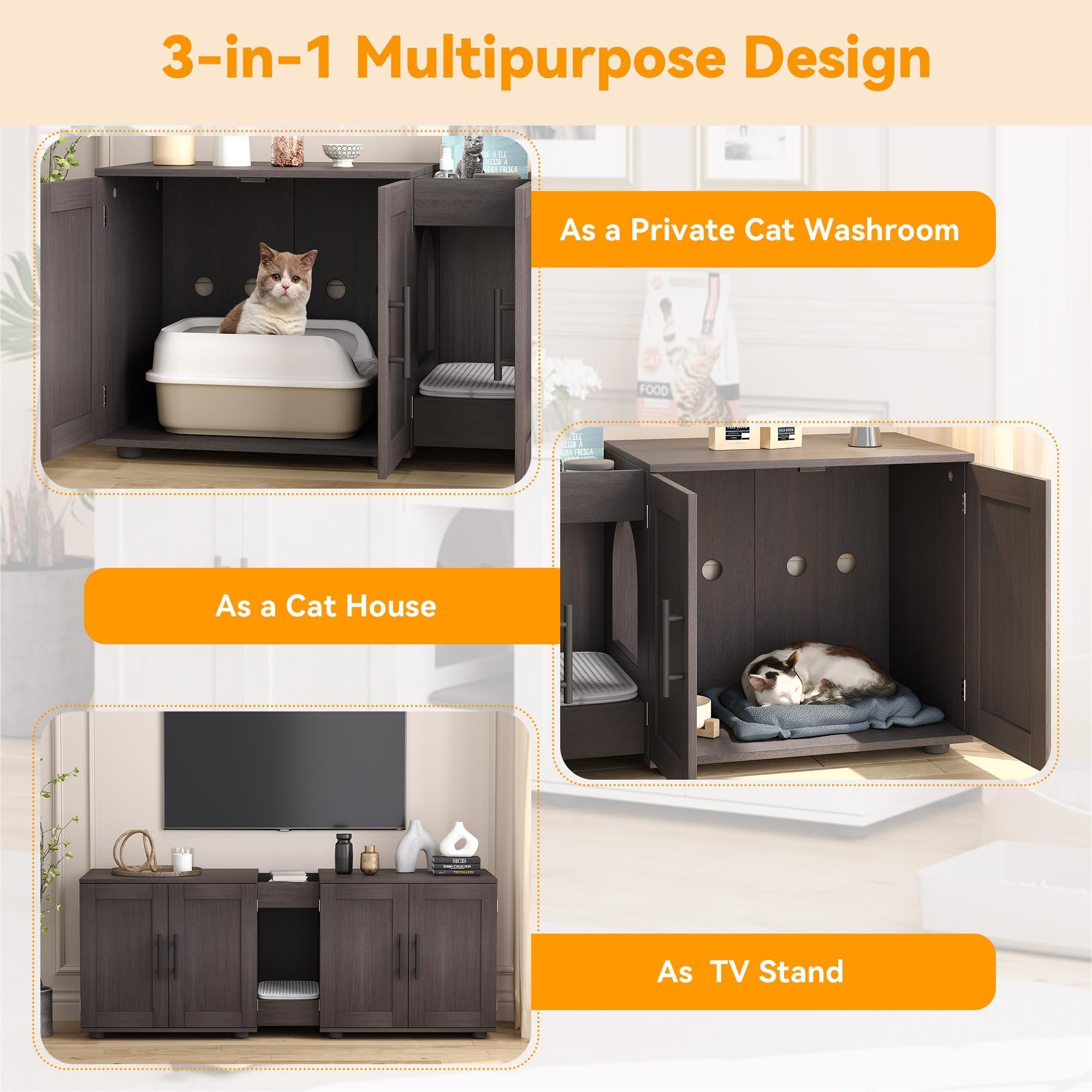 GarveeLife Mueble Arenero para Gatos – Gabinete Oculto con Doble Compartimento para 2 Cajas, Diseño 3 en 1 Mesita Lateral, Madera Impermeable, Negro 140x45x52 cm