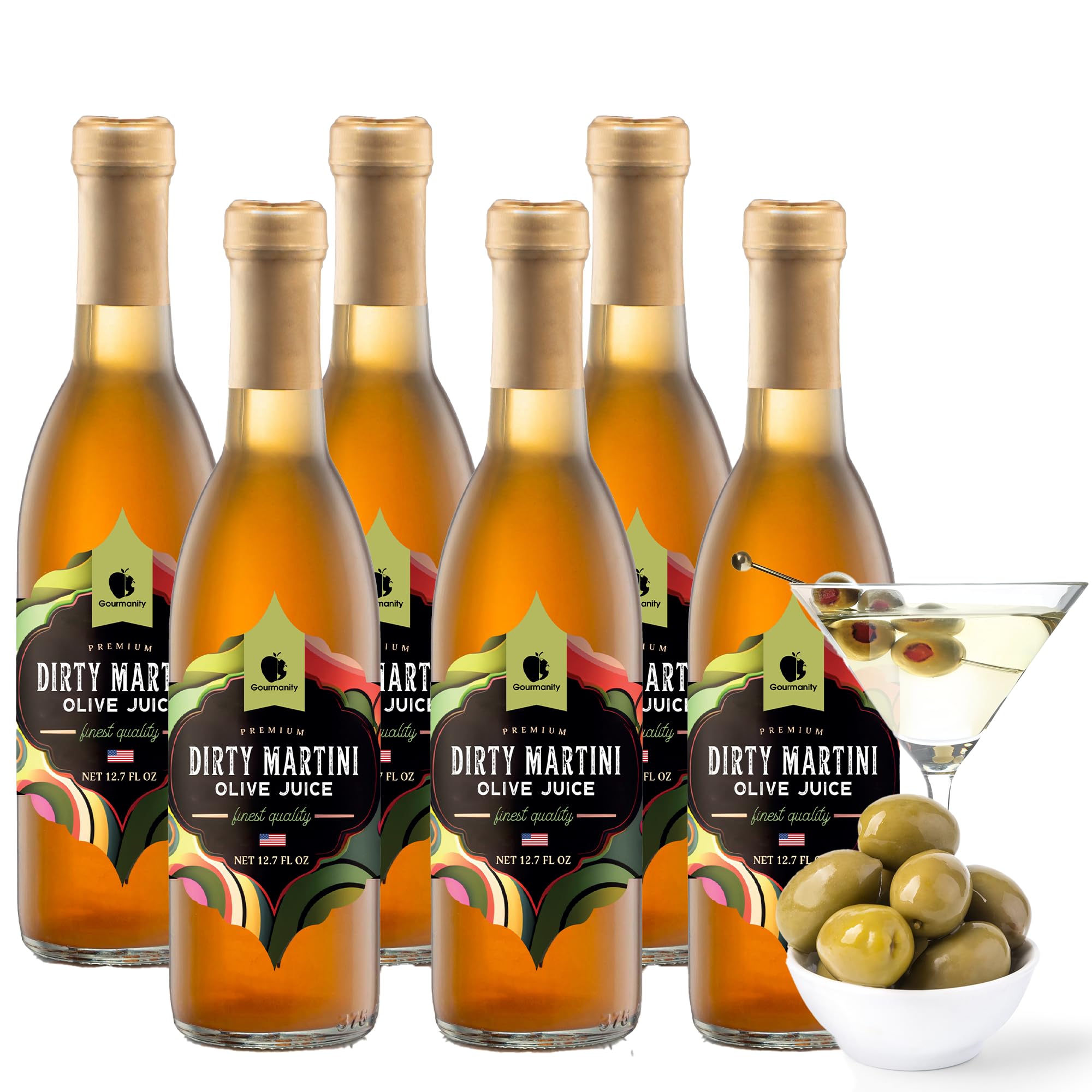 Gourmanity Olive Juice for Dirty Martinis, Premium Olive Brine an Ideal Martini Mix, Classic Cocktail Enhancer, Addition to Your Home Bar 12oz Bottle (Pack of 6)