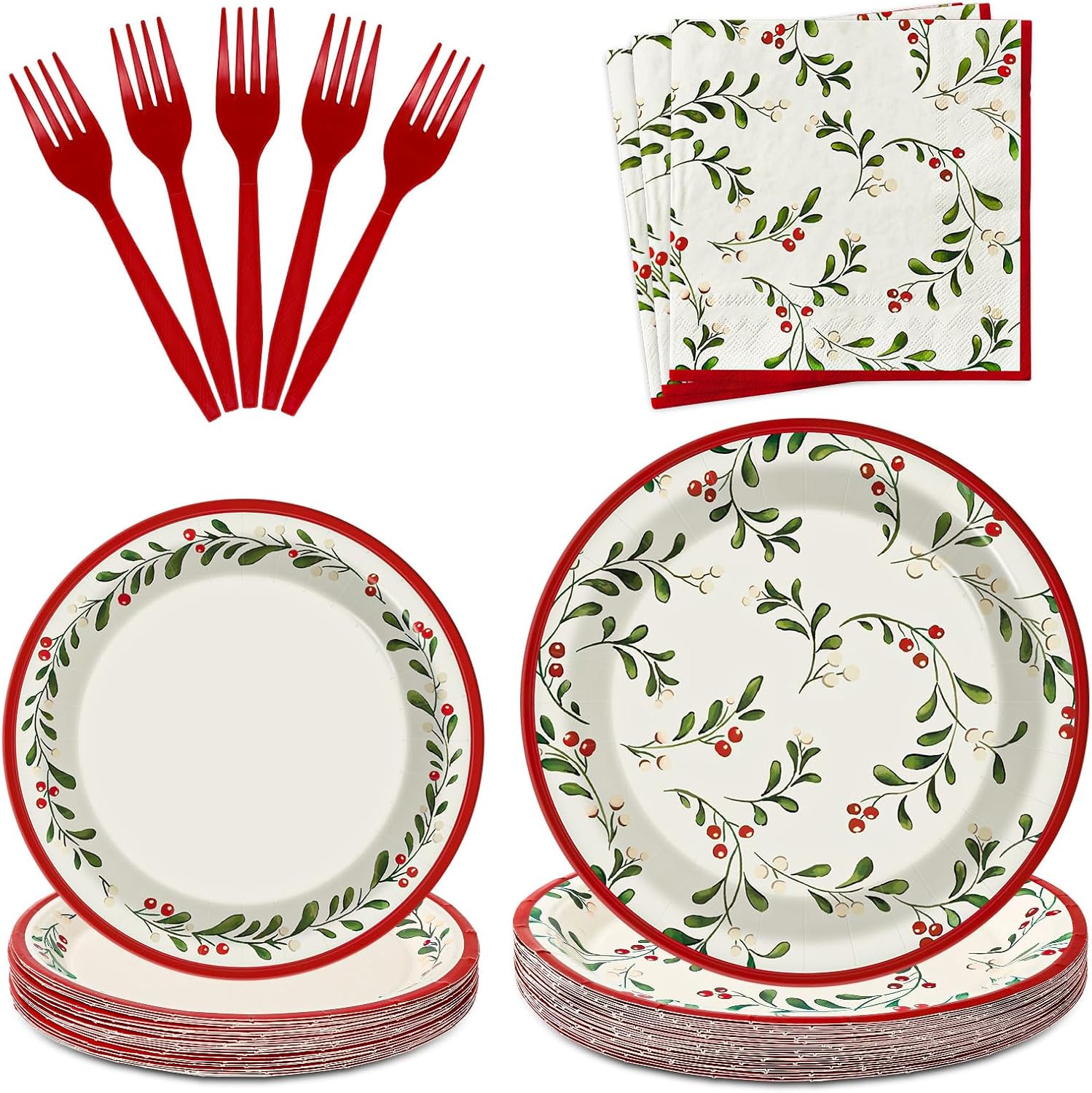 JarThenaAMCS 100Pcs Christmas Paper Tableware Set Watercolor Holly Berry Party Supplies Xmas Mistletoe Disposable Plates Napkins and Forks for 25 Guest Birthday Winter Holiday