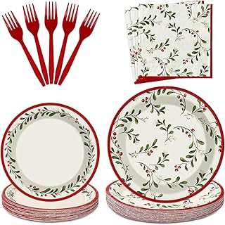 100Pcs Christmas Paper Tableware Set Watercolor Holly Berry Party Supplies Xmas Mistletoe Disposable Plates Napkins and Forks for 25 Guest Birthday Winter Holiday