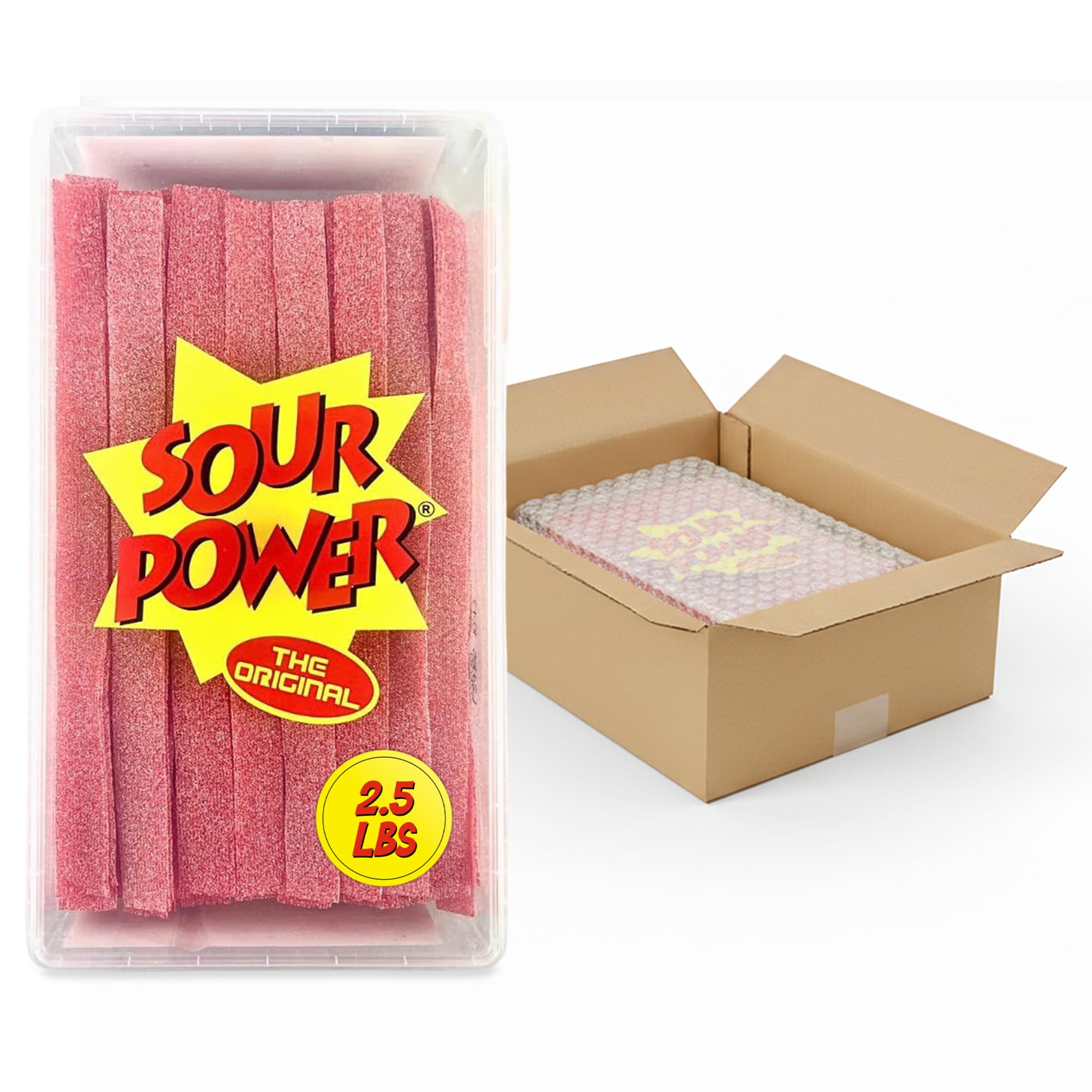Sour Power Premium Strawberry Candy Belts – The Original Sour Candy Since 1985 – 2.5 lb Resealable Bulk Tub – Vegan, Non-GMO, Gelatin Free – Soft, Chewy, Peelable, Sweet & Tart Retro Treats