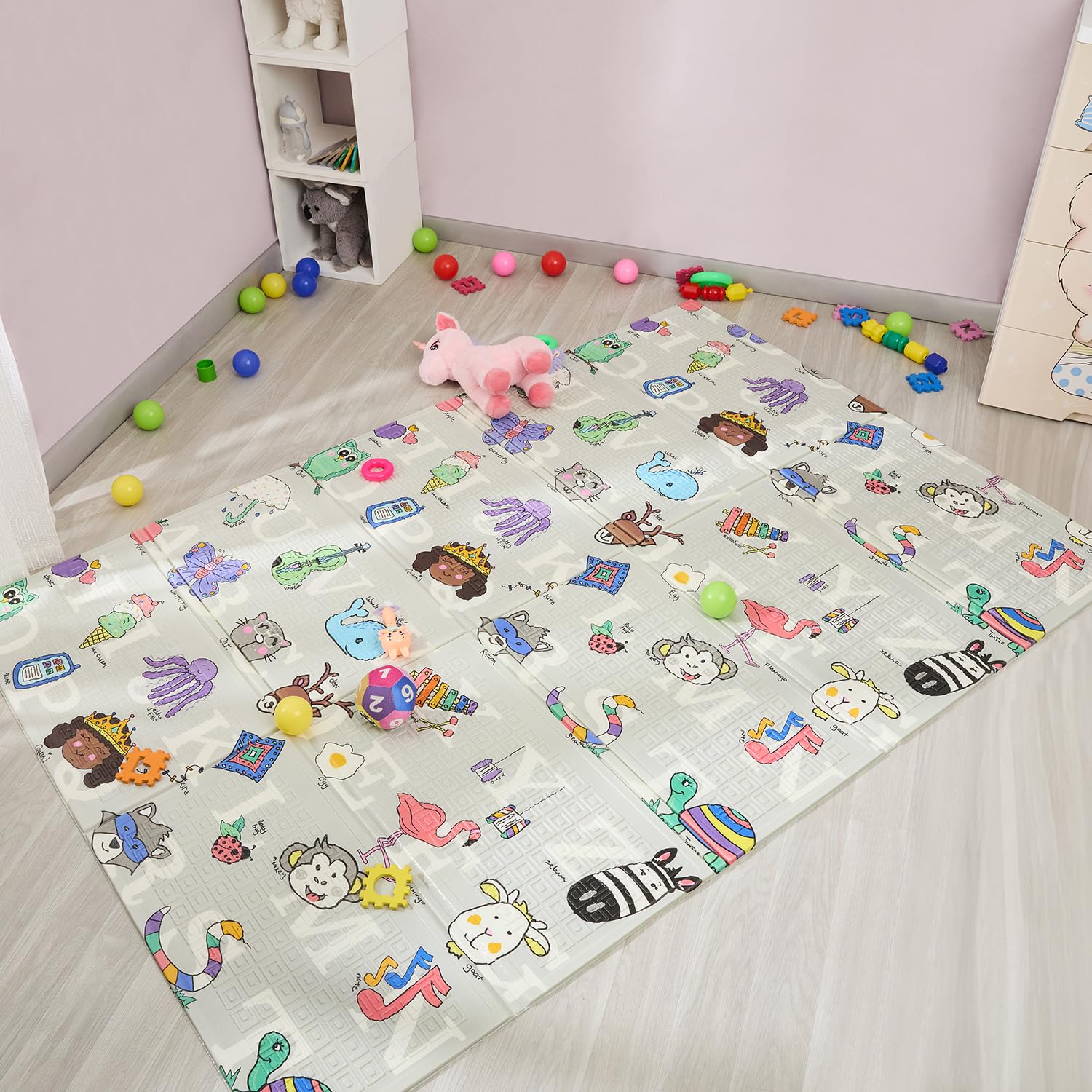 Amazon Brand - Supples Reversible Baby Playmat | Certified BIS-Approved Foldable Foam Mat for Learning & Crawling | 0.6 cm Thick | 2+ Months Baby | Alphanumeric Design | 6.5 x 4.5 ft | Multicolour