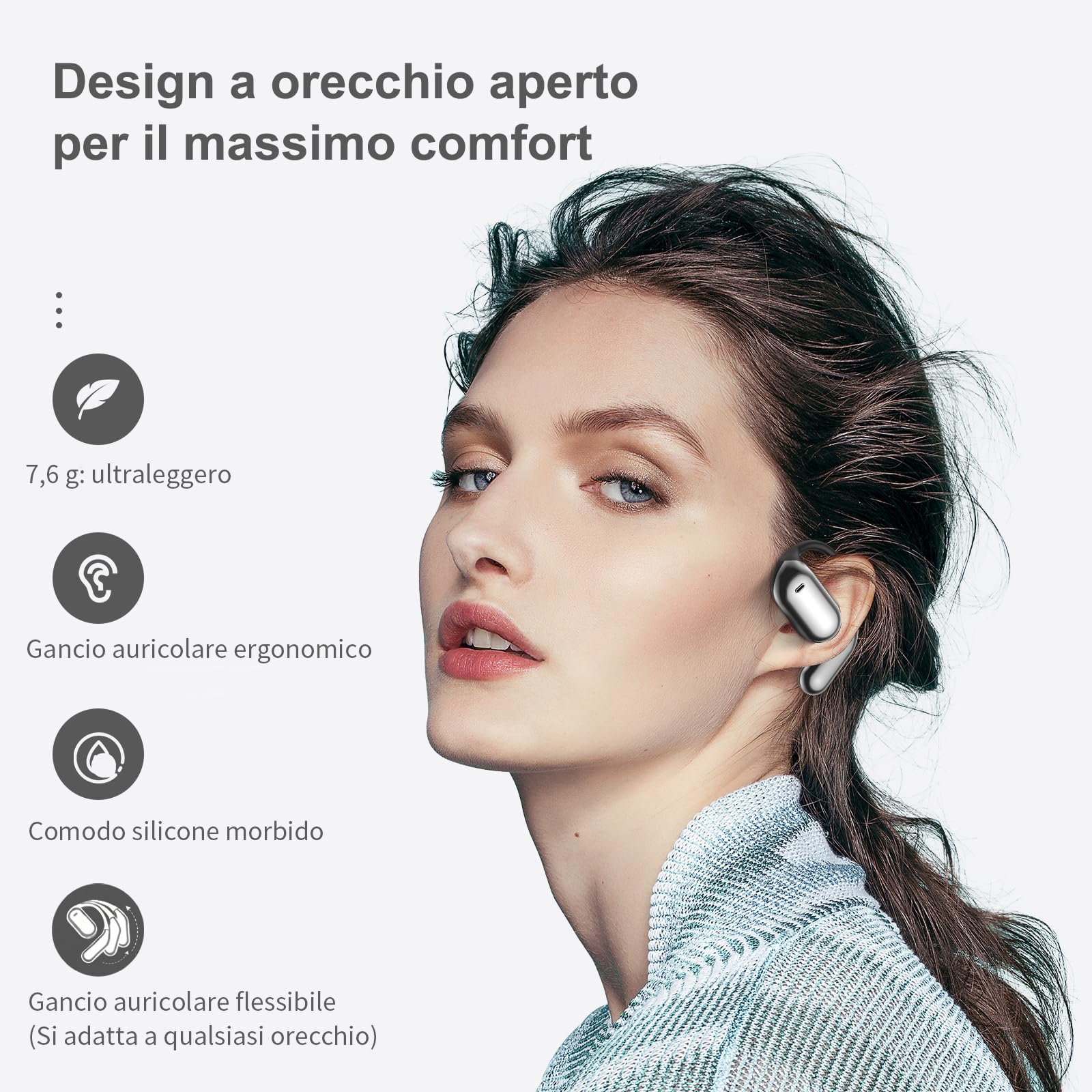 Cuffie Open Ear Bluetooth 6.1 con IA, 50 Ore Auricolari Sportive con Ganci Auricolari Flessibili, Touch Intelligente, Ricarica Rapida 1 Ora, Custodia Ricarica Doppio LED Cuffie Running Senza Filo
