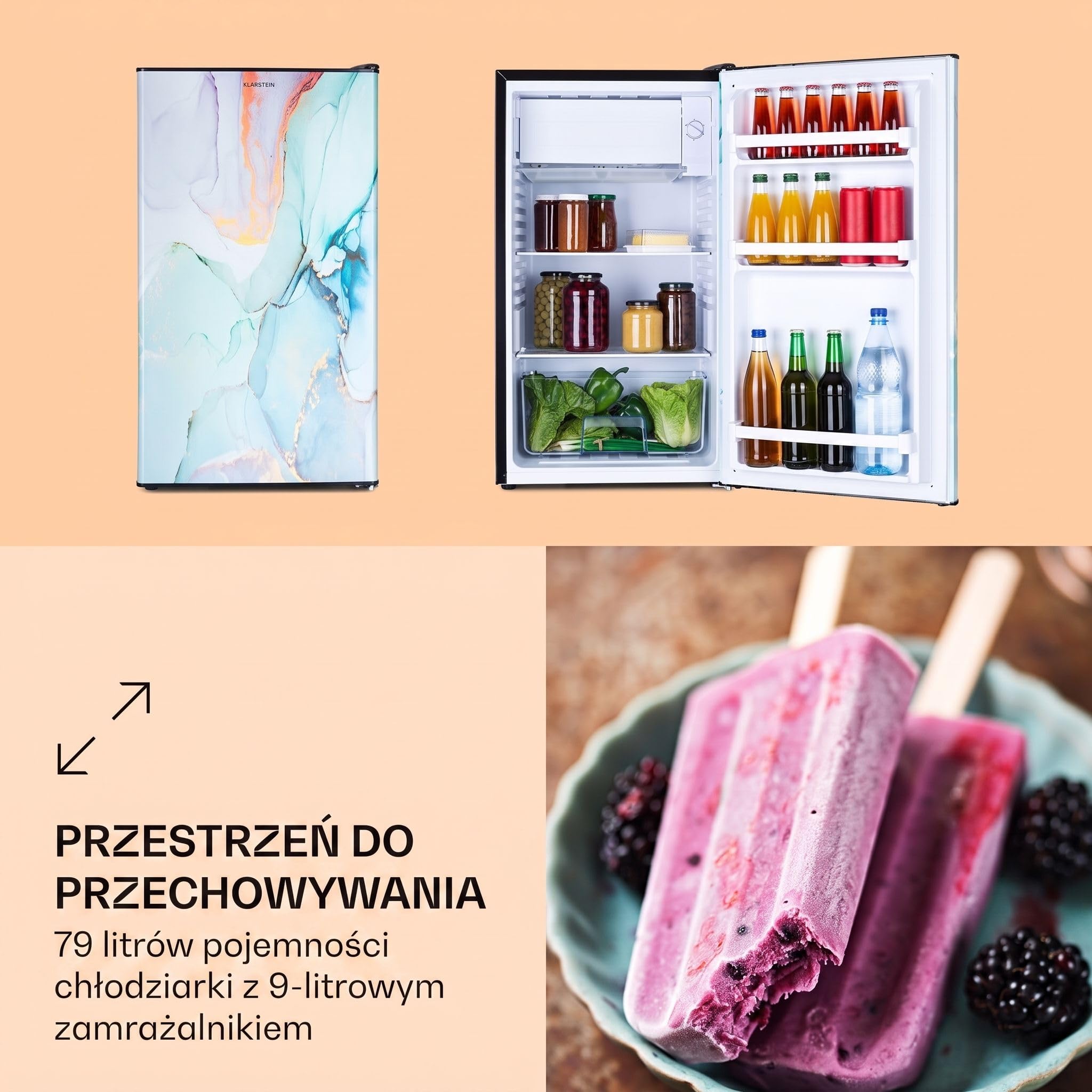 Klarstein CoolArt Kühl-Gefrier-Kombination - Kühlschrank mit 2 Kühl-Ebenen, Design-Front, Thermostat mit 5 Stufen, 0 bis 10 °C, Fassungsvermögen: 79 Liter, Motiv: Pastell
