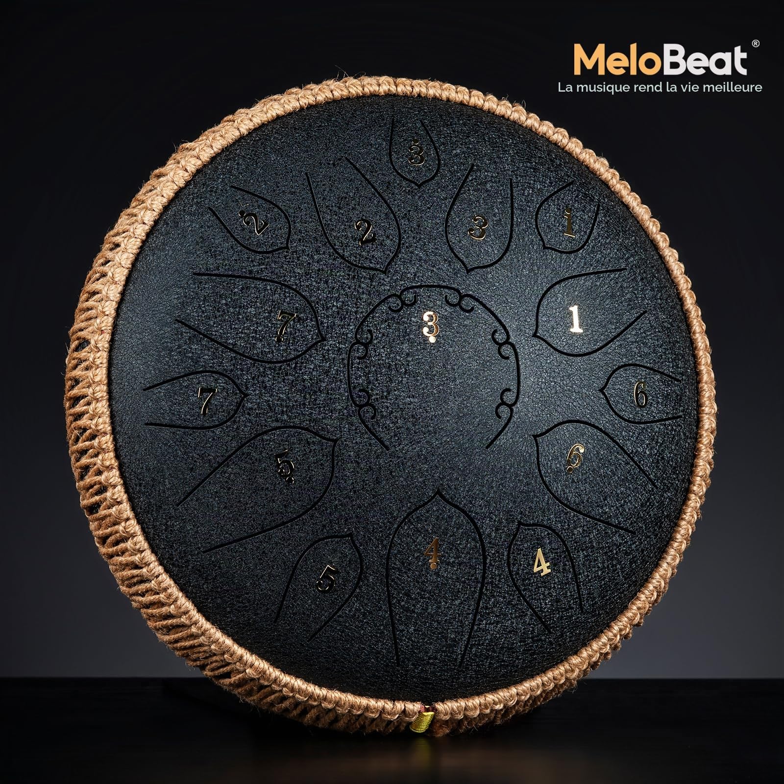 MeloBeat Tongue Drum Handpan - Tambour à Langue 12 Pouces 15 Notes - Ensemble Professionnel de Tambour a Langue en Acier en Ré Majeur Inclus Livre de Chansons de Tambour à Langue, D key (Noir)