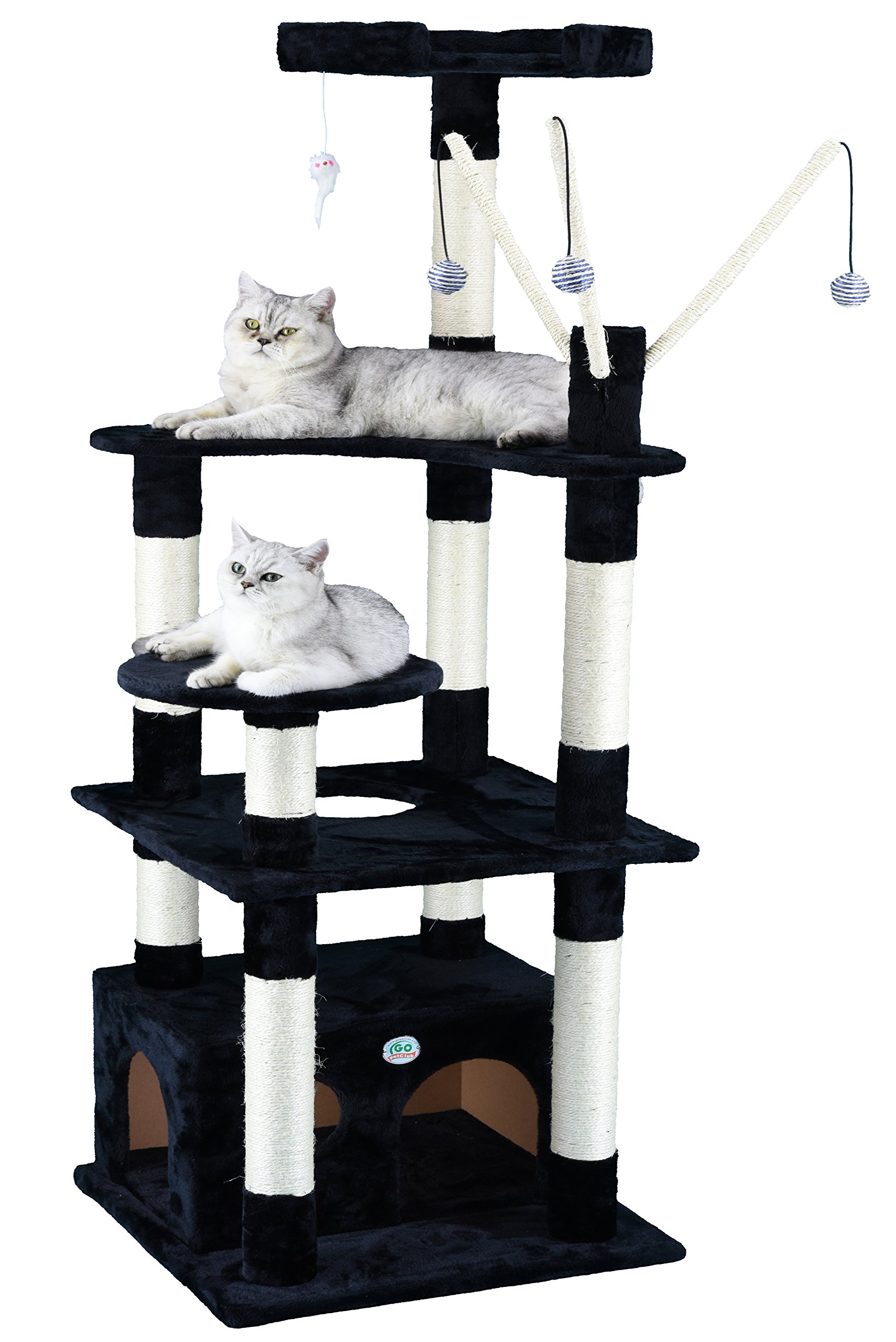 Go Pet Club 66" Cat Tree Scratcher Kitty Condo Kitten House Furniture with Square Base and Hanging Toys for Indoor Cats, Black