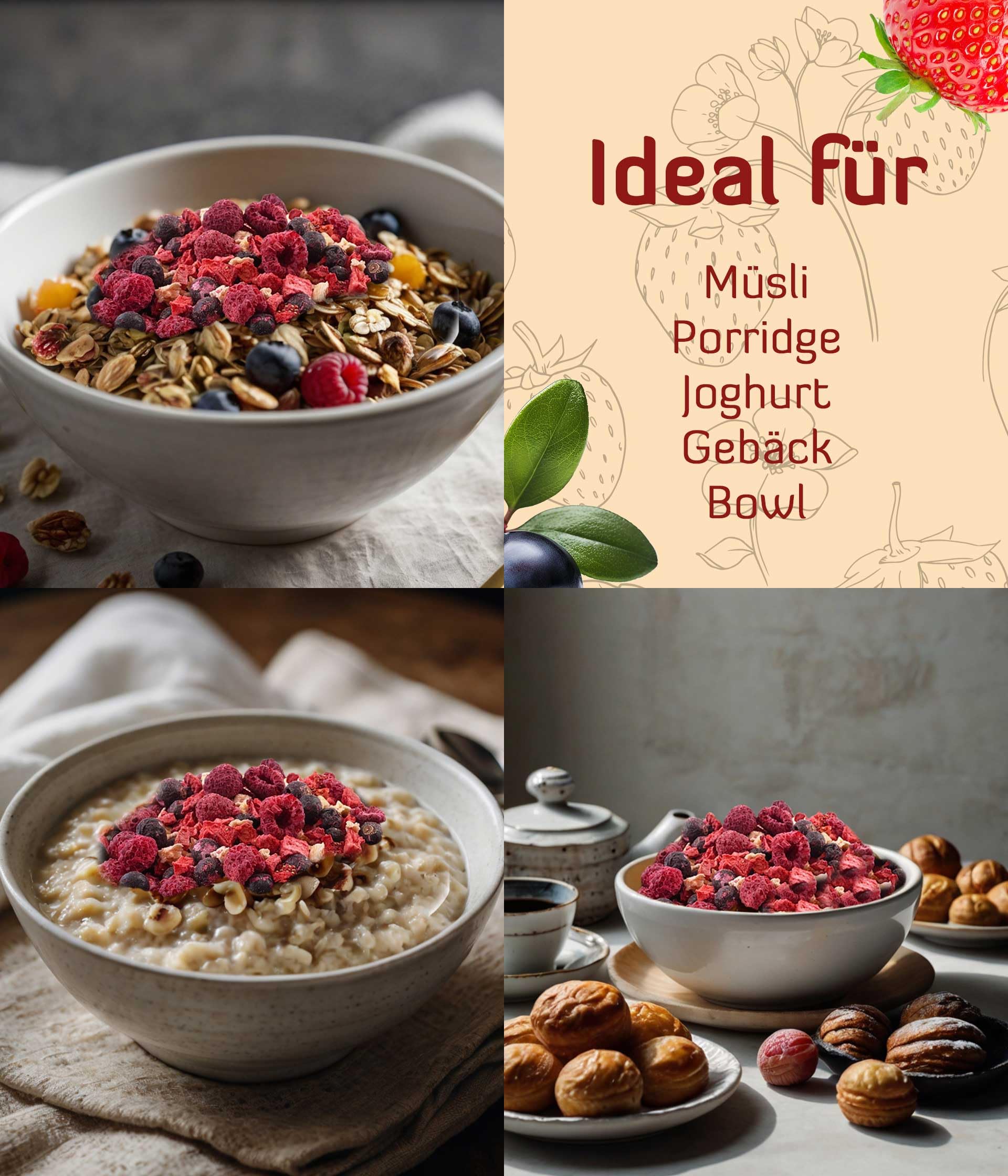TALI Bunter Beeren Mix 1000 g | Gefriergetrocknete Ananas, Erdbeeren, Himbeeren, Schwarze Johannisbeeren