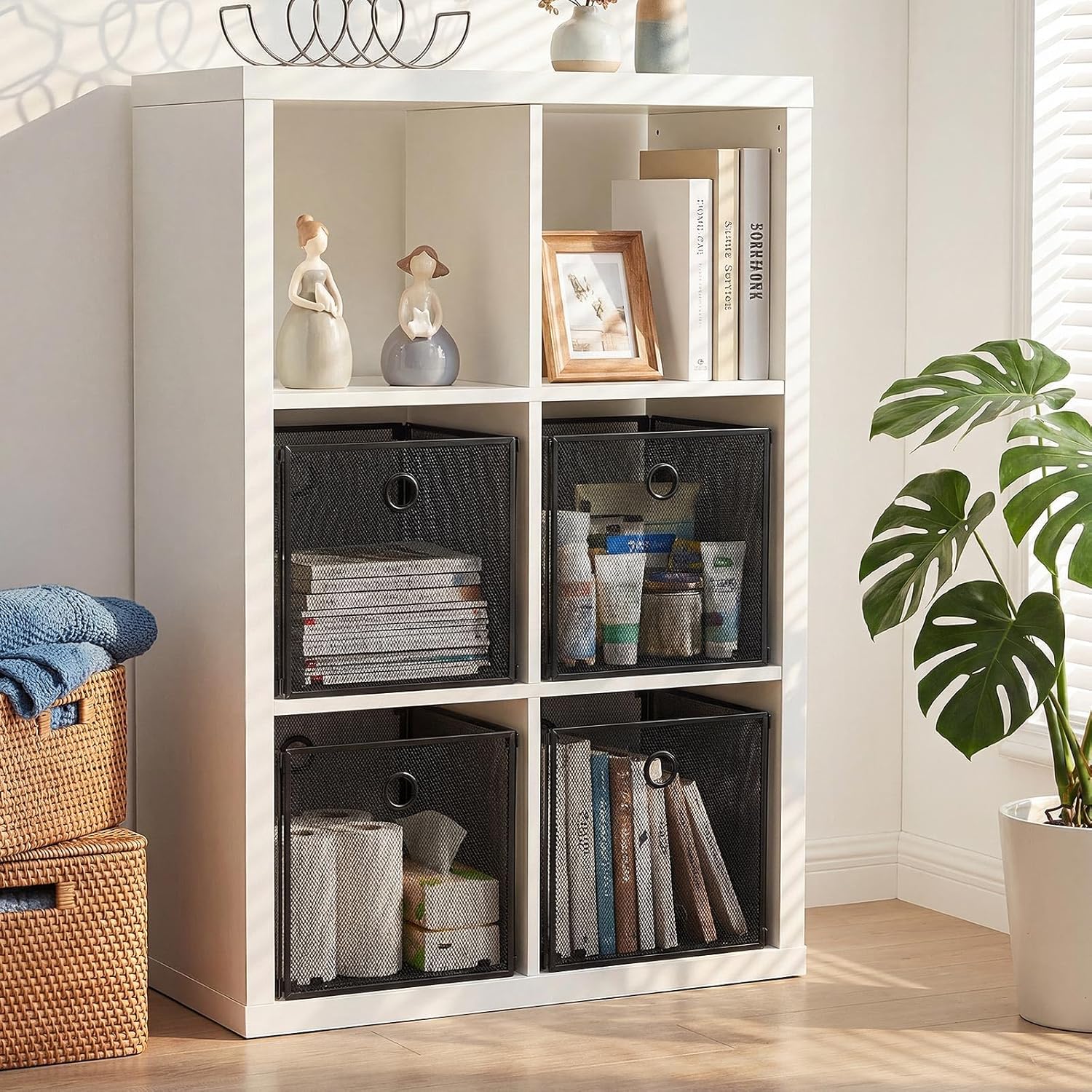 4 Pcs Foldable Metal Cube Storage Baskets 13x13 Inch Wire Bins with Handles for Graduation Gift, College Dorm Moving, First Apartment Organization, Bathroom Pantry Closet (Black)