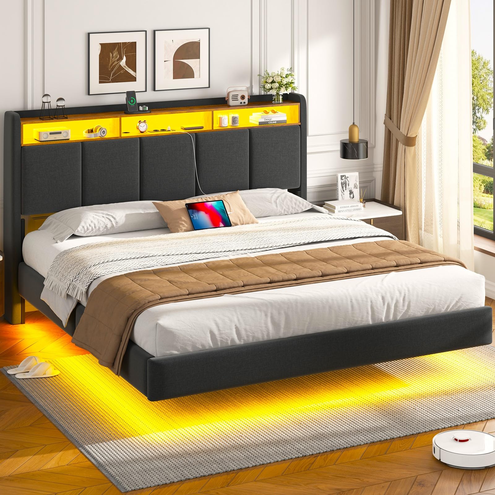 Brinlawb Lit 180x200 avec Sommier, Cadre de lit 180x200cm avec Éclairage LED et 2 Prises CA & 2 Ports USB, Tête de lit Rembourrée avec Rangement, Structure Stable, Effet Flottant, Tissu en Lin, Gris