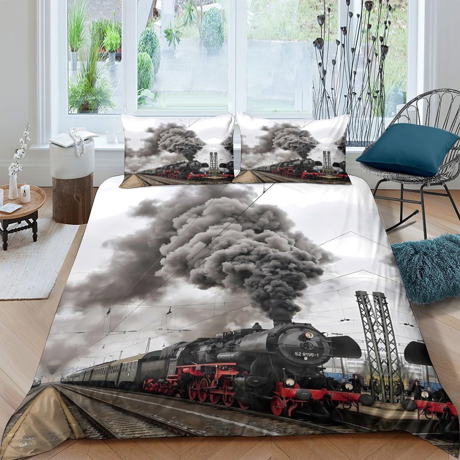Ctjqhvkz Style-6 3D Printed Steam Train Fitted Sheet Microfiber Smoke Railway Bed Cover For Bedroom Guest Room Mattress Protection Decor Single（135X200cm）