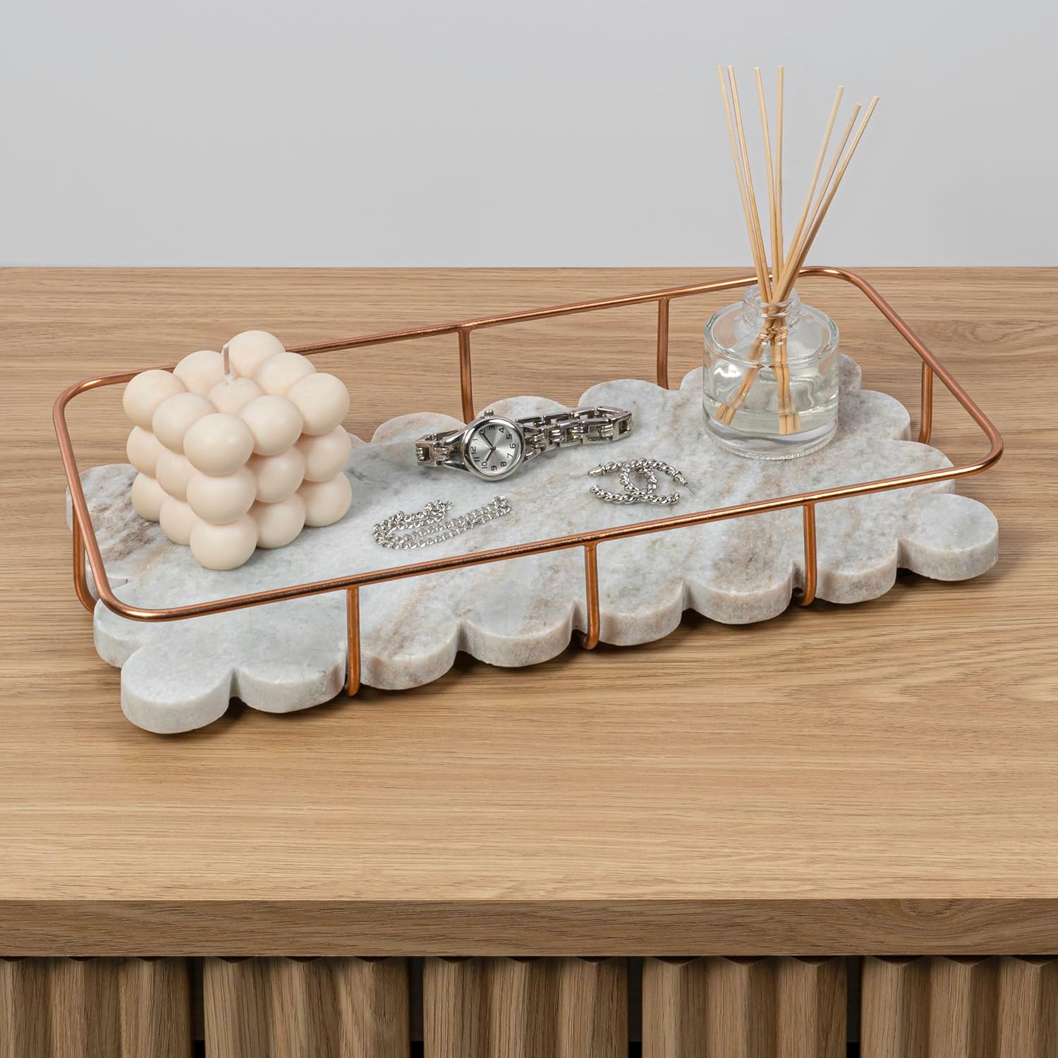 happimess TRY4000B Monarch 12" x 6" Modern Industrial Metal/Marble Scalloped Base Vanity Tray for Storage,Decoration, Display, Coffee Table or Serving Food, Beige/Rose Gold