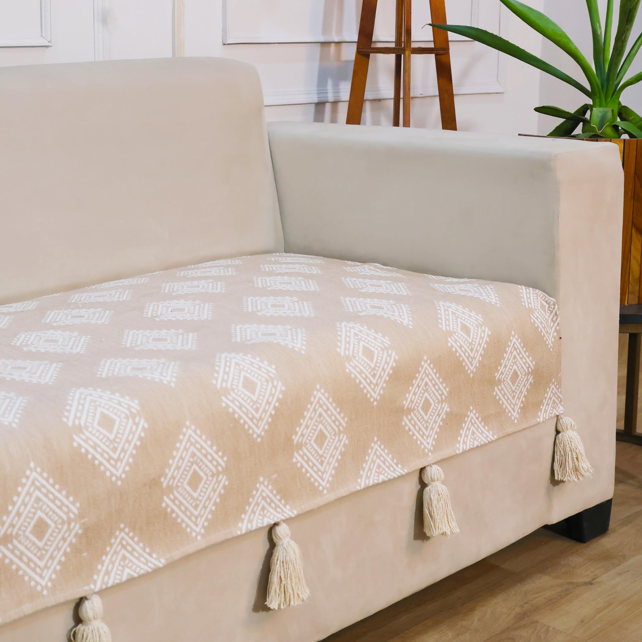 STITCHNEST 'Verdant Rekhika Stories' 2 Seater Sofa Cover| Elegant Jacquard Fabric, Decorative Tassels, Washable & Durable for Modern Living