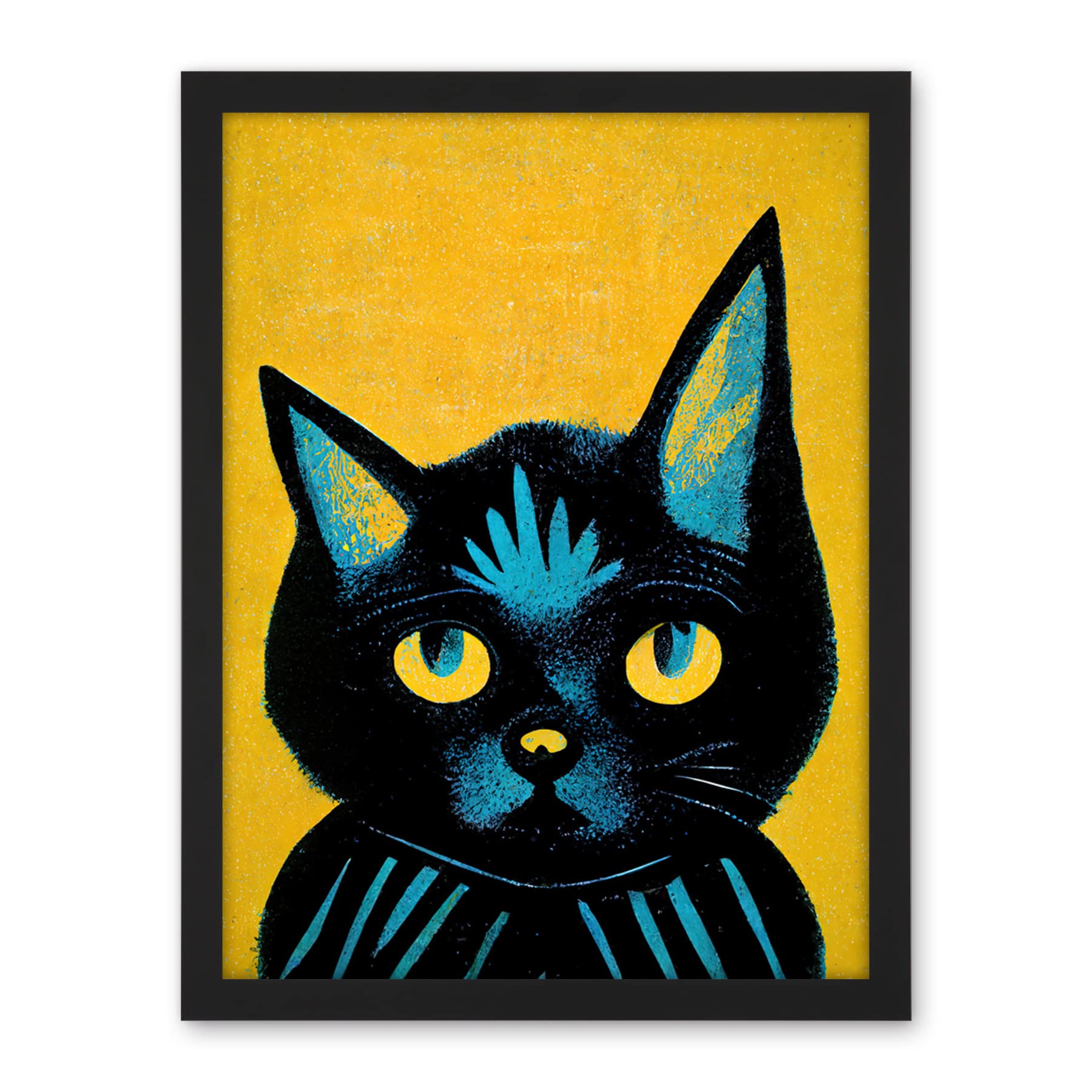 Wee Blue Coo Quirky Bold Black Cat Yellow Blue Artwork Framed Wall Art Print 18X24 Inch
