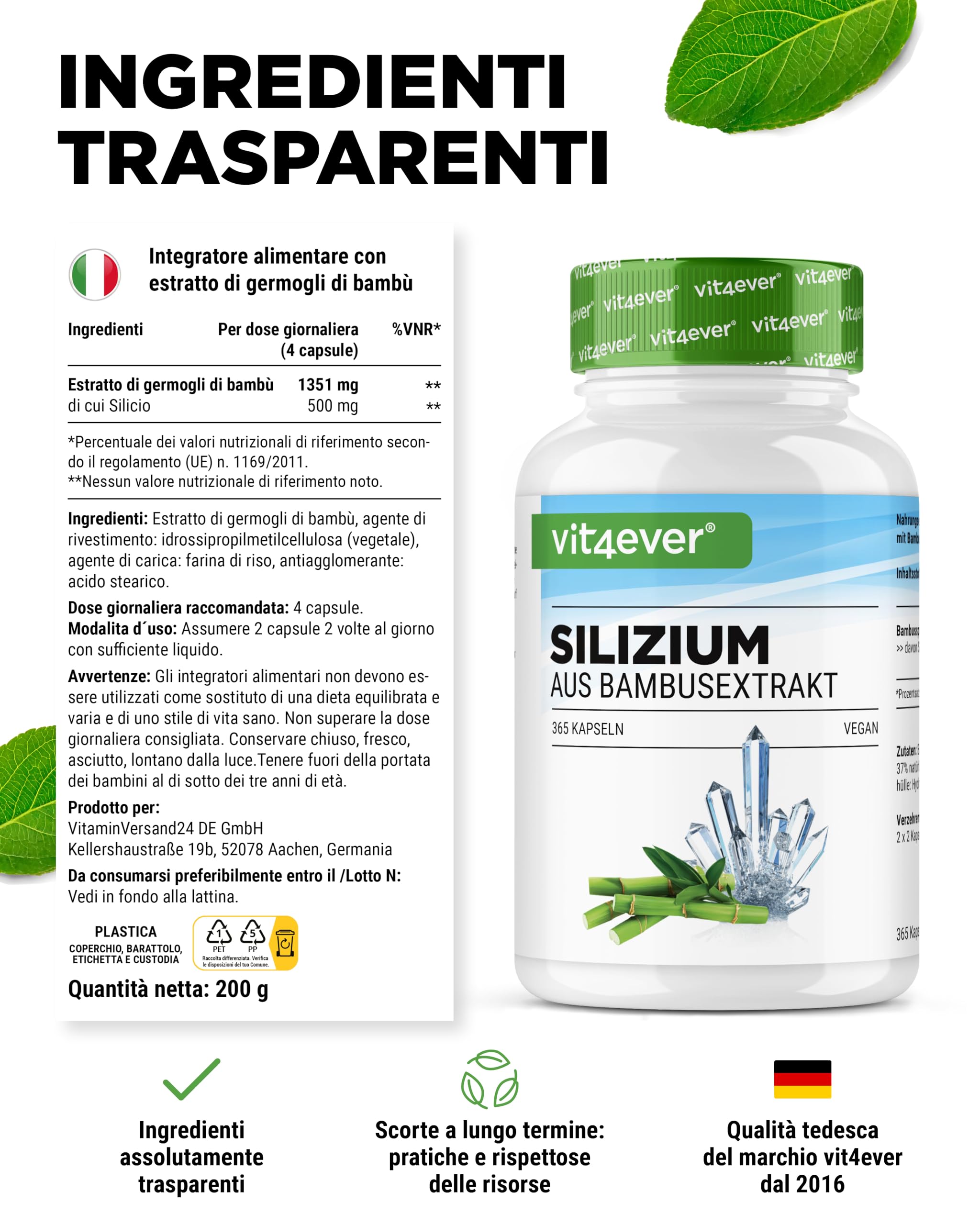 Silicio - 365 Capsule Con 500 Mg Di Silicio Organico Al Giorno - Premium: Estratto Naturale Di Bambù - Altamente Dosato - Vegan