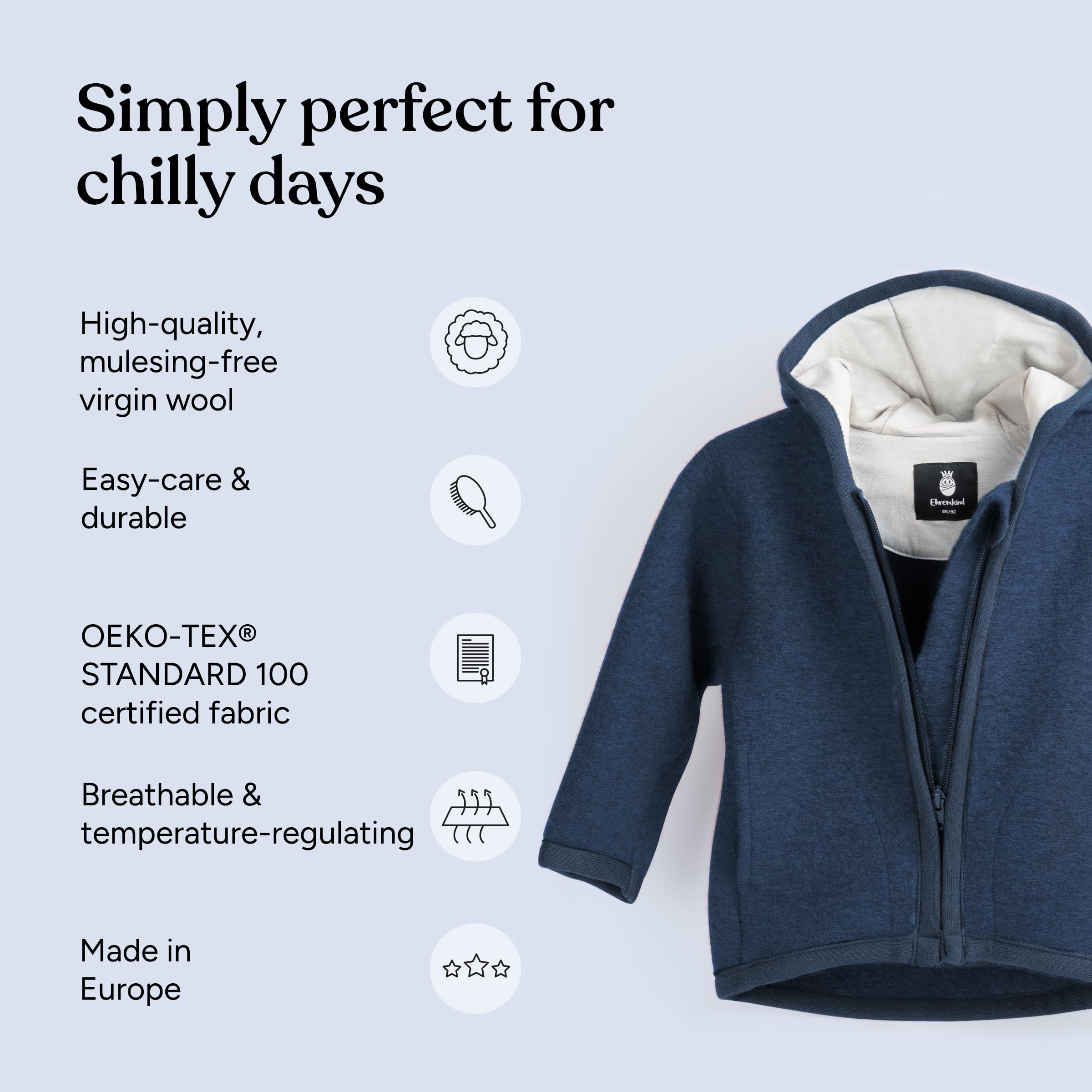 Ehrenkind® Walkjacke Gr. 134/140 | Jacke für Kinder aus Merino Schurwolle mit Reißverschluss | Walk Jacke für Baby und Kind