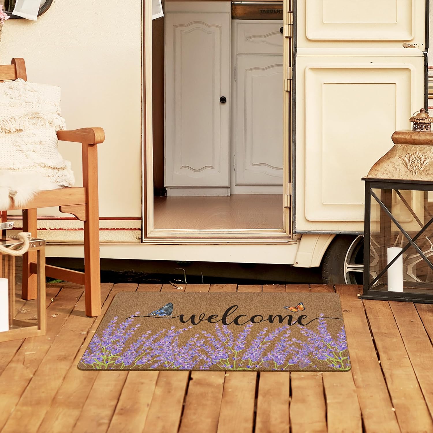 Lavender Floral Welcome Door Mat, Rustic Floral Butterfly Welcome Front Door Mat Indoor Outdoor Entrance, Purple Flower Artificial Coir Doormats Rugs for Porch Entryway Decor 30x17in