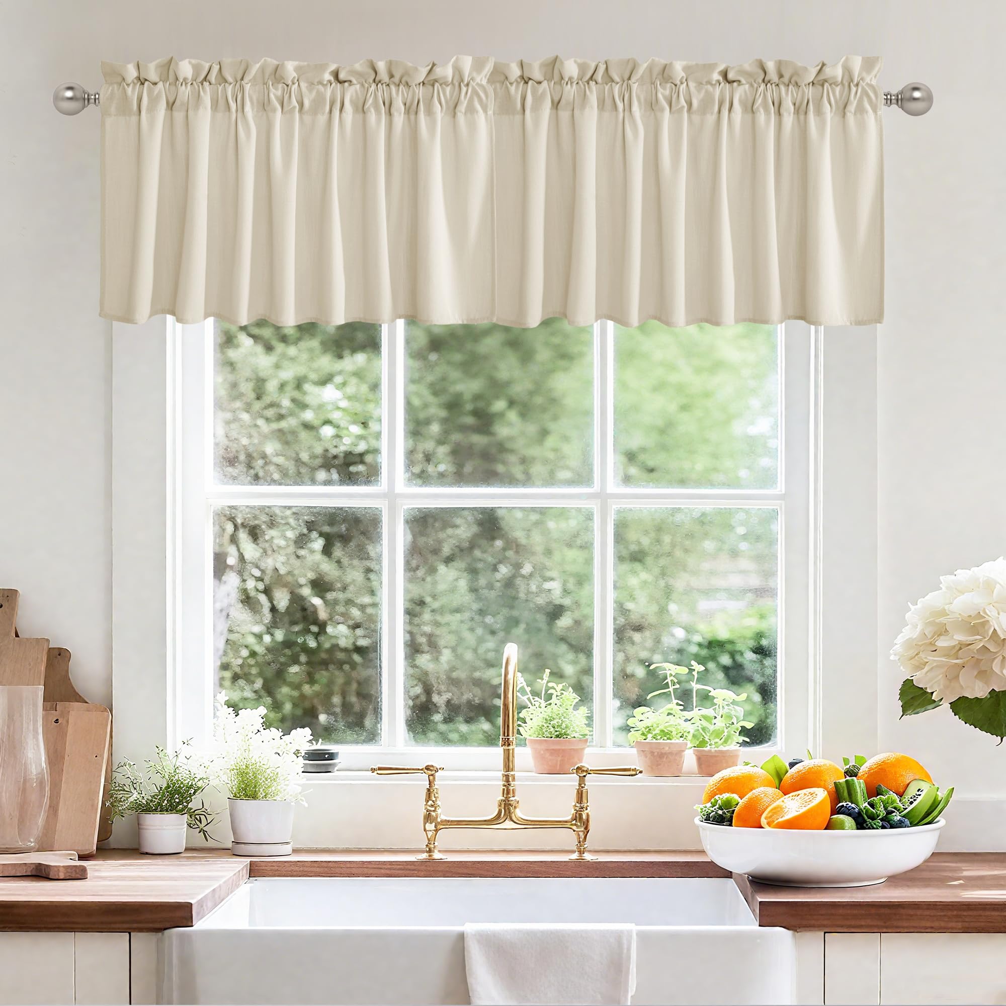 RYB HOME Short Kitchen Valances Thick Faux Linen Blended 2 Panels, Privacy Protect Small Window Treatment for Bedroom Bathroom, Rod Pocket, Linen, W 52 x L 18 inch