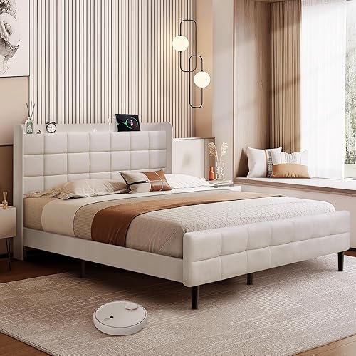 Miniatura 3 de Origeture Base de cama Queen con puertos USB tipo C, marco de cama de plataforma tamaño Queen con cabecera de almacenamiento con respaldo de ala,