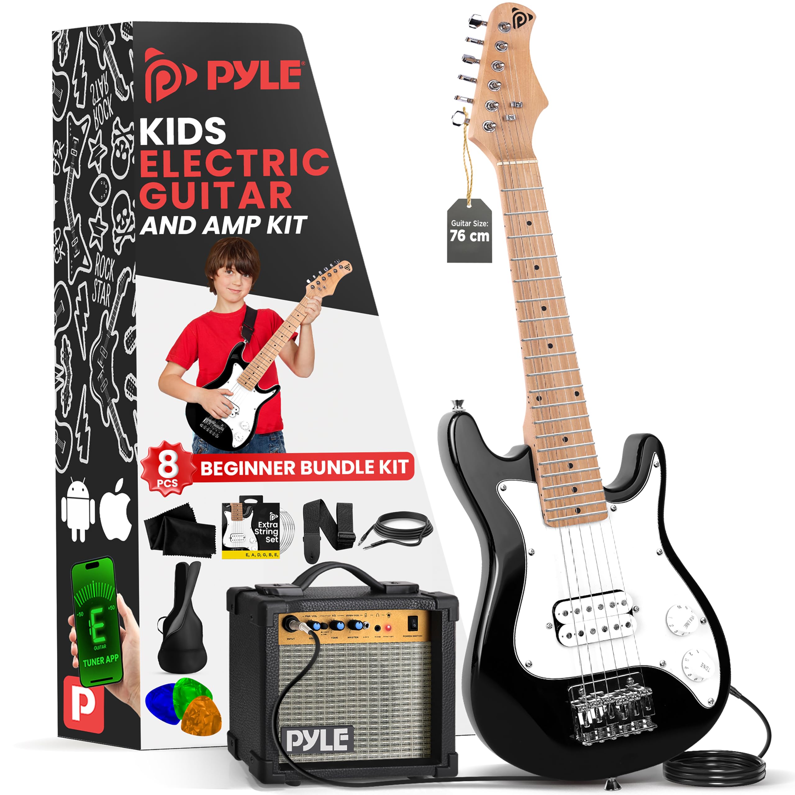 Pyle Kids Electric Guitar Set with 10W Amplifier Small Size 76 cm, White Right Hand Guitar with Gig Bag, Picks, and Extra Strings