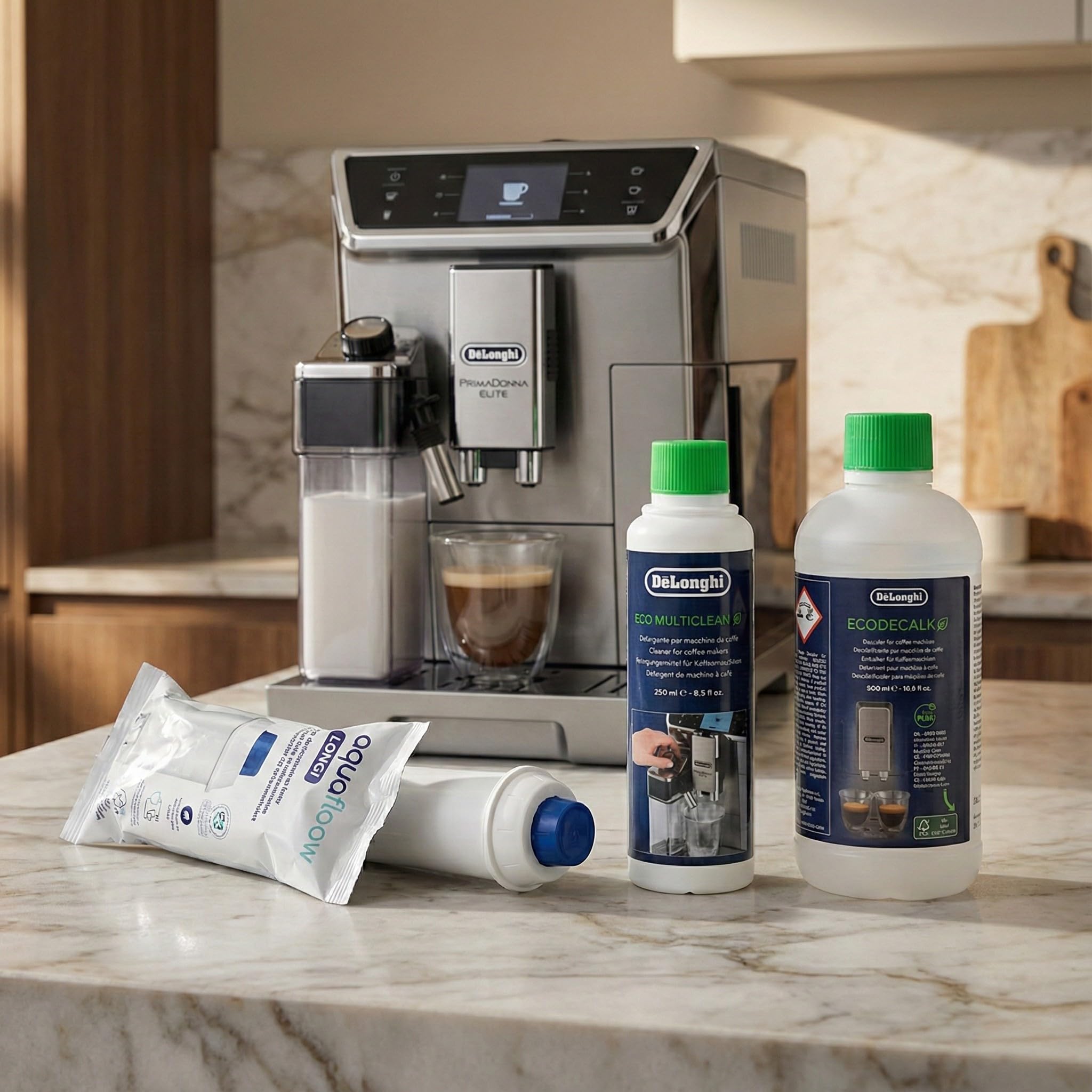 Aquafloow Kit d'entretien compatible avec DeLonghi Machine à Café – 3x Filtre à Eau (remplace DLSC002), DeLonghi EcoDecalk Détartrant (500ml) & Eco MultiClean (250ml) – Set de Nettoyage Complet