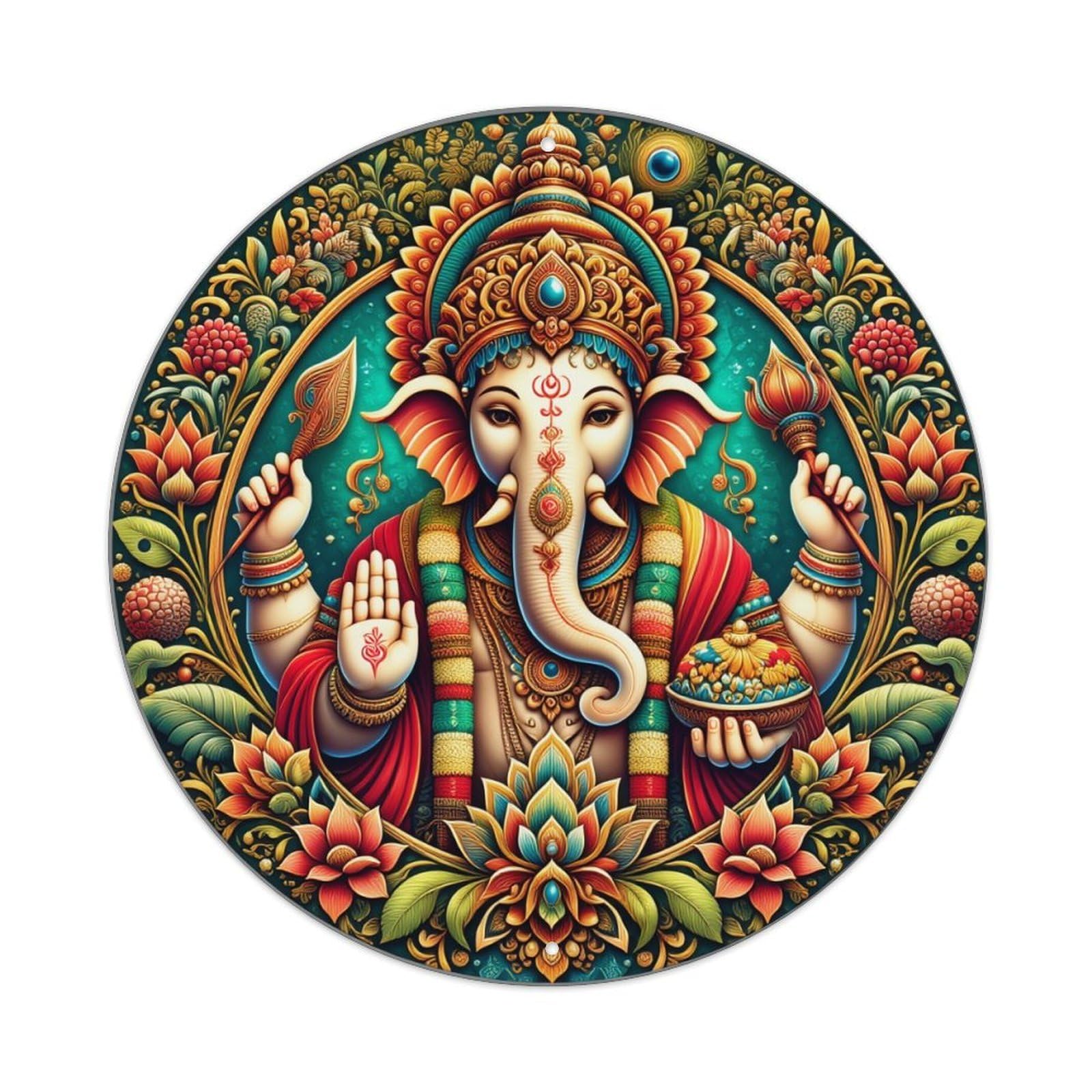 Colorful Divine Elephant Floral Design Round Tin Sign Vintage Metal Poster, Home Bar Garage Man Cave Cafe Indoor & Outdoor Wall Decoration 8x8Inches