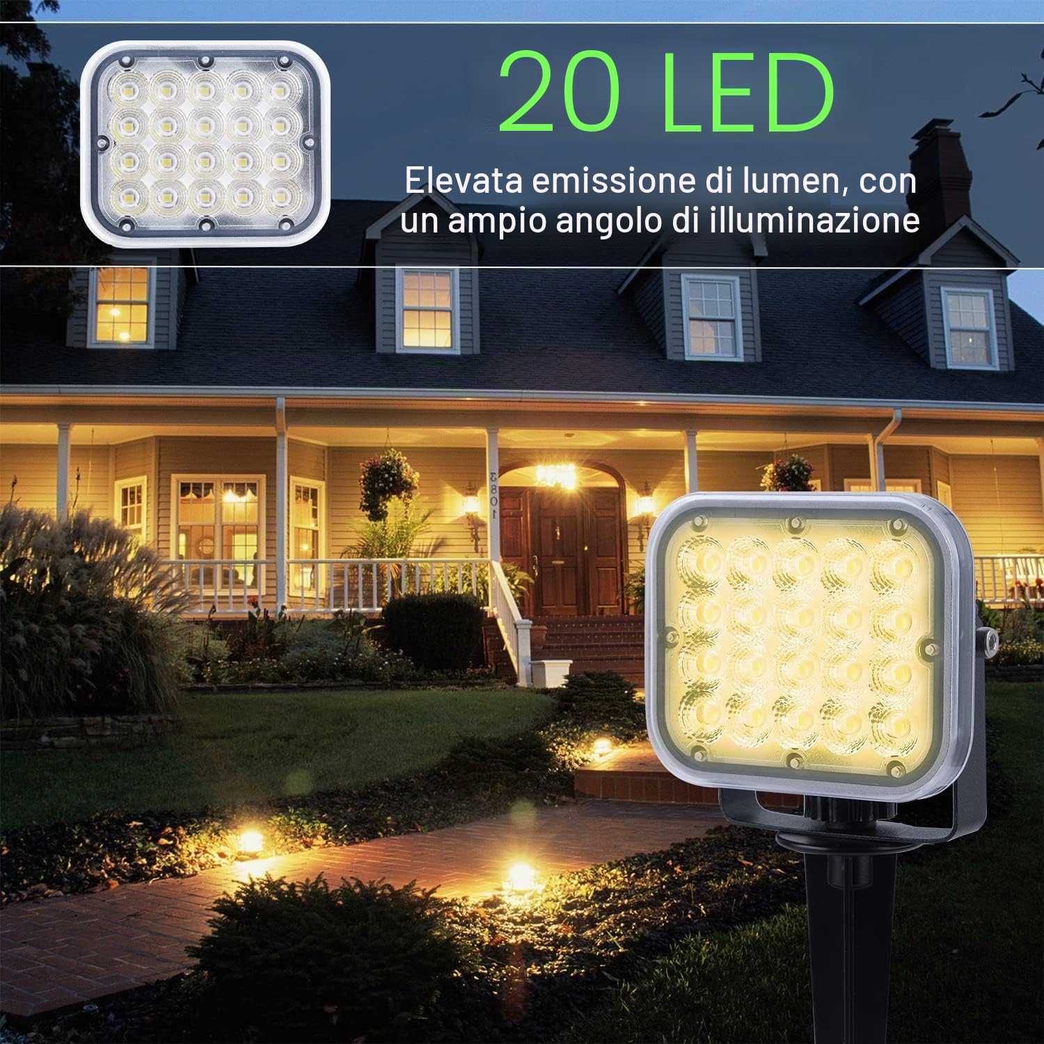 NATPOW Faretti Solari a Led da Esterno, 3000K Luci Solari da Giardino, 2 Modi, Automaticamente Acceso o Spento, Impermeabile IP65 Luci Esterne ad Energia Solare per Cortile, Patio, Alberi, 2 Pezzi
