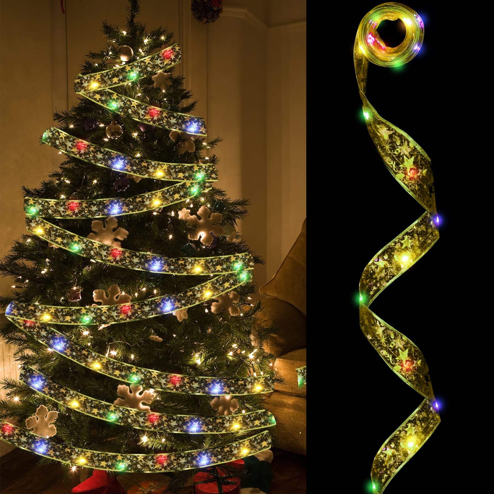 New Years Eve Party Supplies 2023 Gold Ribbon Fairy Lights Decorations 16.4ft 50 LED Colorful Lights 3AA Battery Operated Powered New Years Decorations Christmas Tree Twistable Staircase Indoor Decor