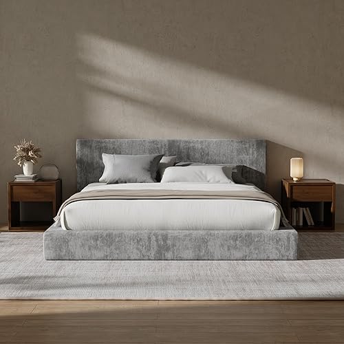 RECCI Cloud Upholstered King Bed Frame with Headboard, 5 Inch Foam Padded Platform, No Box Spring, Easy Assembly (Moon Grey)