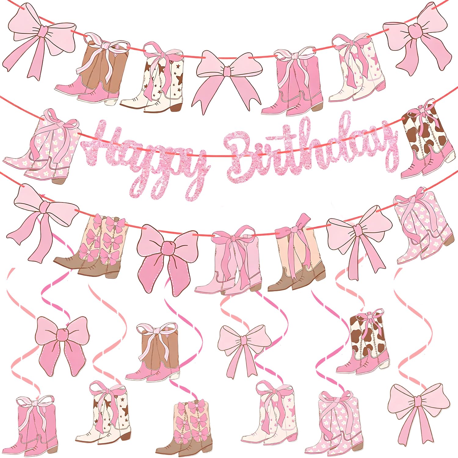 38Pcs Pink Birthday Decorations, Western Cowgirl Party Decorations, Happy Birthday Banner & Pink Bows Hanging Swirls, Coquette Party Supplies for Birthday Mother's Day and Engagement