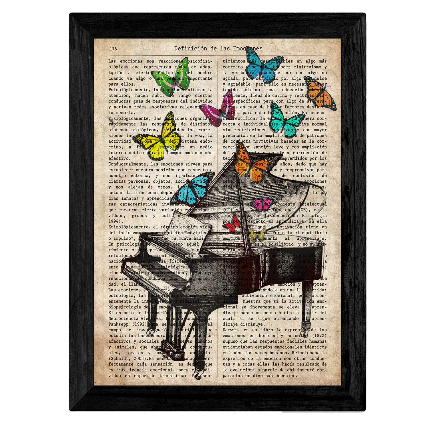 Nacnic Set di 4 stampe artistiche vintage con rappresentazione di strumenti musicali. (pianoforte - EMOZIONI, arpa - MUSICA, sassofono sax - COMUNICAZIONE, violoncello - PIACERE)