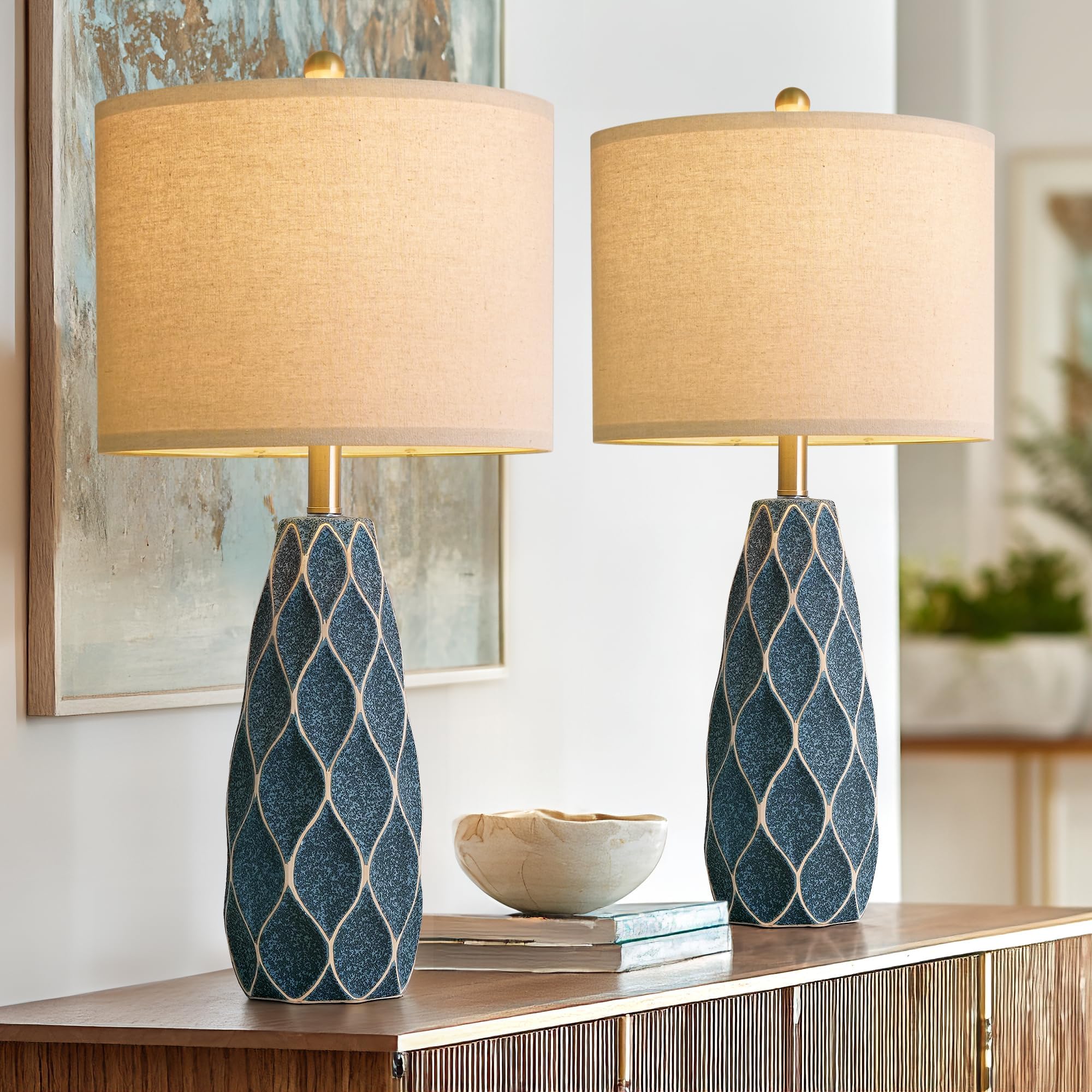 27.5" Ceramic Table Lamps for Living Room Bedroom Lamps Set of 2 Modern Boho Bedside Lamps Night Stands Farmhouse Vintage Large Nightstand Lamp Reading Light Home Office Dorm Desk Deco Gifts, Blue