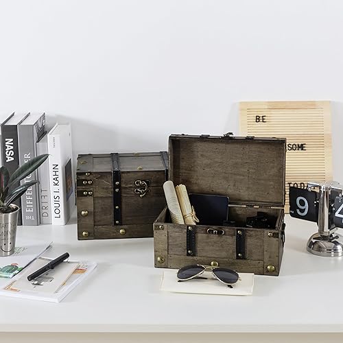 Miniatura 5 de Soul & Lane Cofres del tesoro de madera, juego de 2, baúles de almacenamiento antiguos, cajas de almacenamiento decorativas de madera con tapas con