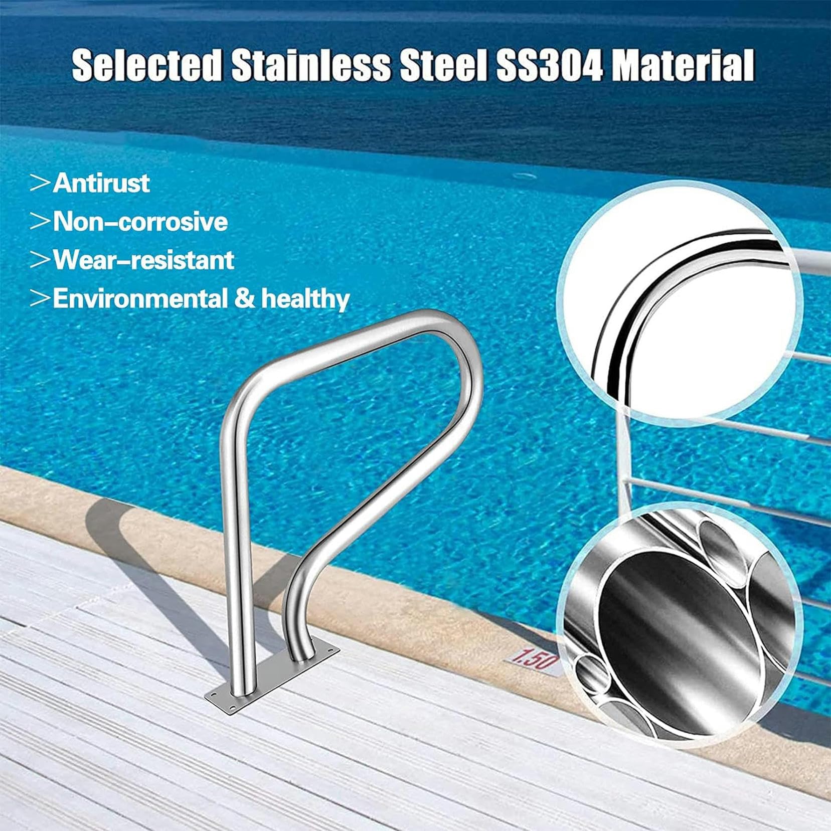Pasamanos de Piscina Pasamanos de Piscina de Acero Inoxidable 304 Premium para Piscinas enterradas, pasamanos de Seguridad de Piscina con Base de Montaje rápido