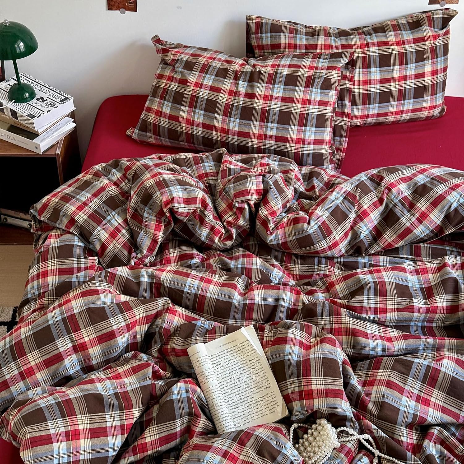 EAVD Vintage Red &amp; Brown Buffalo Plaid Duvet Cover Set Full 3-Piece Soft