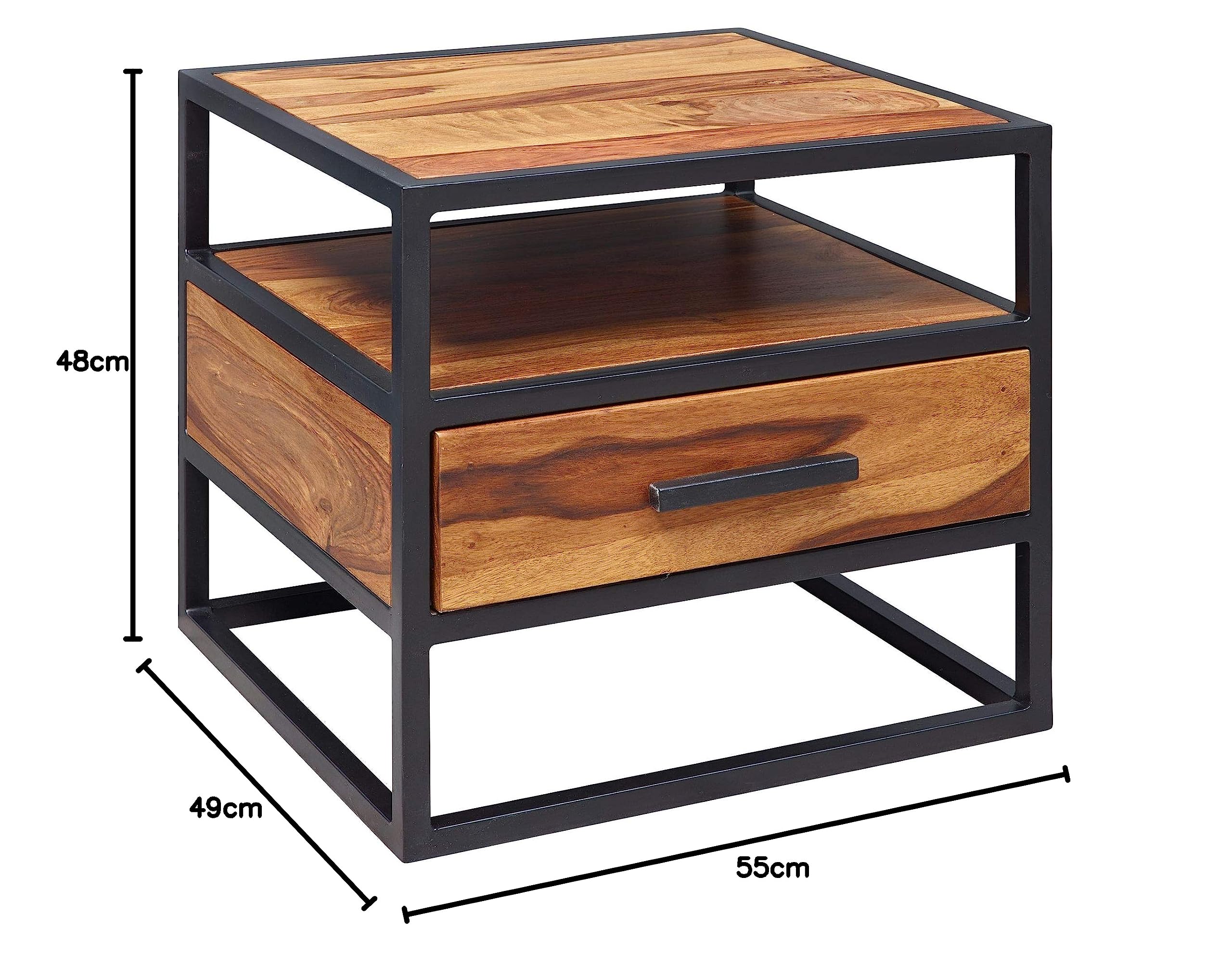 FineBuy Szafka Nocna 50x45x45 cm Lite Drewno Sheesham z Szufladą, Stal | konsola nocna industrialna ze stalowym stelażem i półką do łóżka kontynentalnego, szafka nocna ręcznie wykonana