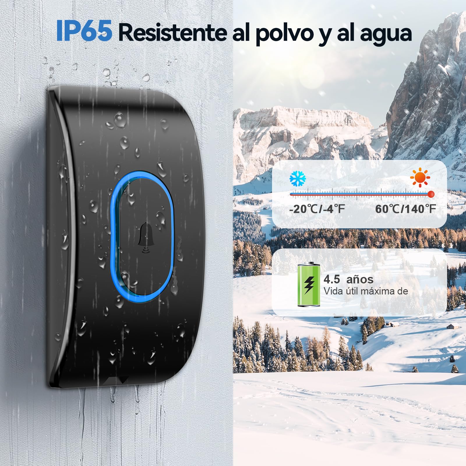 TECKNET Timbre Inalámbrico Exterior Impermeable con 3 Receptores Enchufables, IP65 Impermeable Doorbell 400M, 60 Melodías & 5 Niveles de Volumen, 3 Modos de Trabajo, Indicador LED, Negro