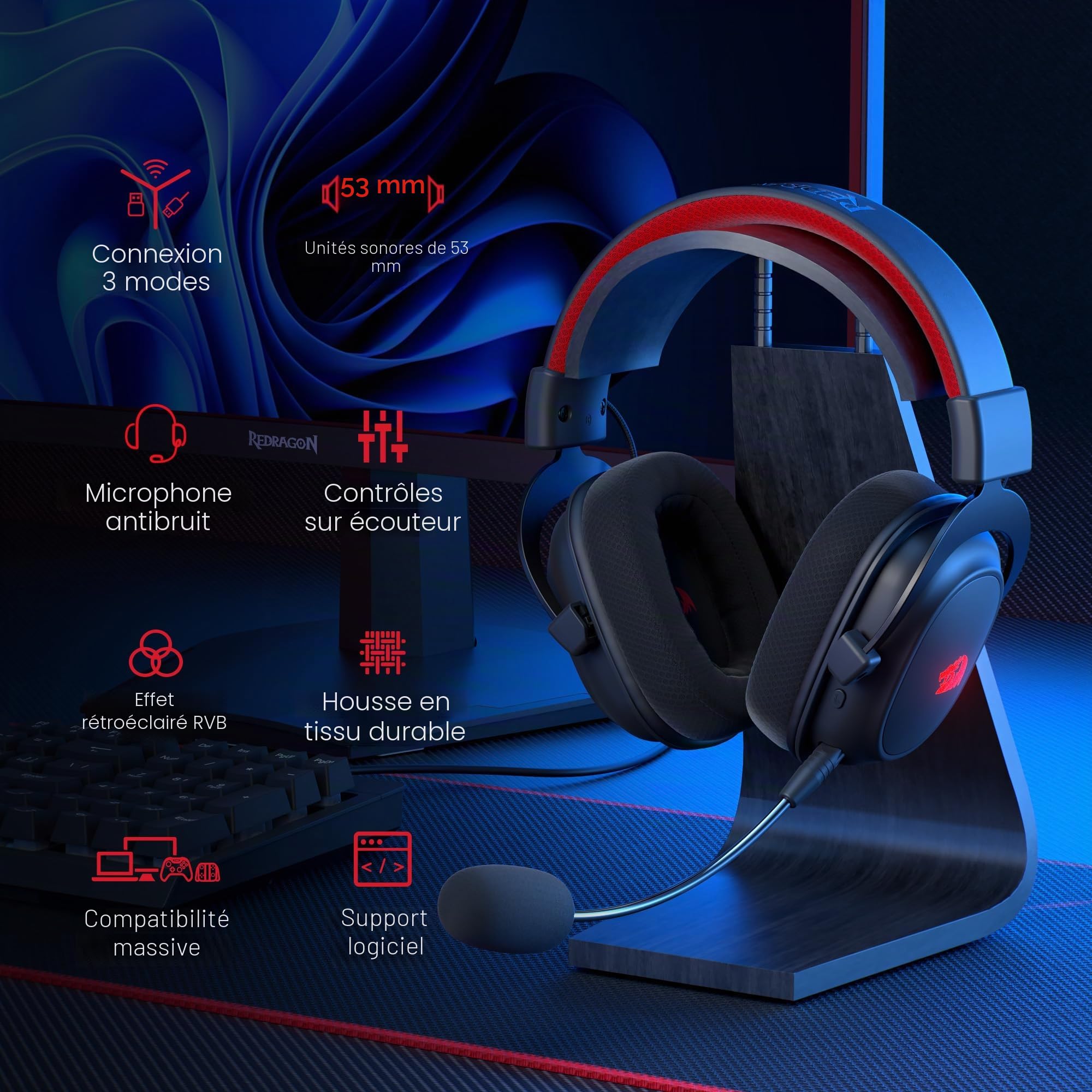 Redragon H510 Zeus X Casque Gamer sans Fil RVB 71 53mm USB Multi Plateforme | Casque gamer sans fil son 71 pilotes 53mm coussinets mousse memoire RVB alimente par USB multi plateforme