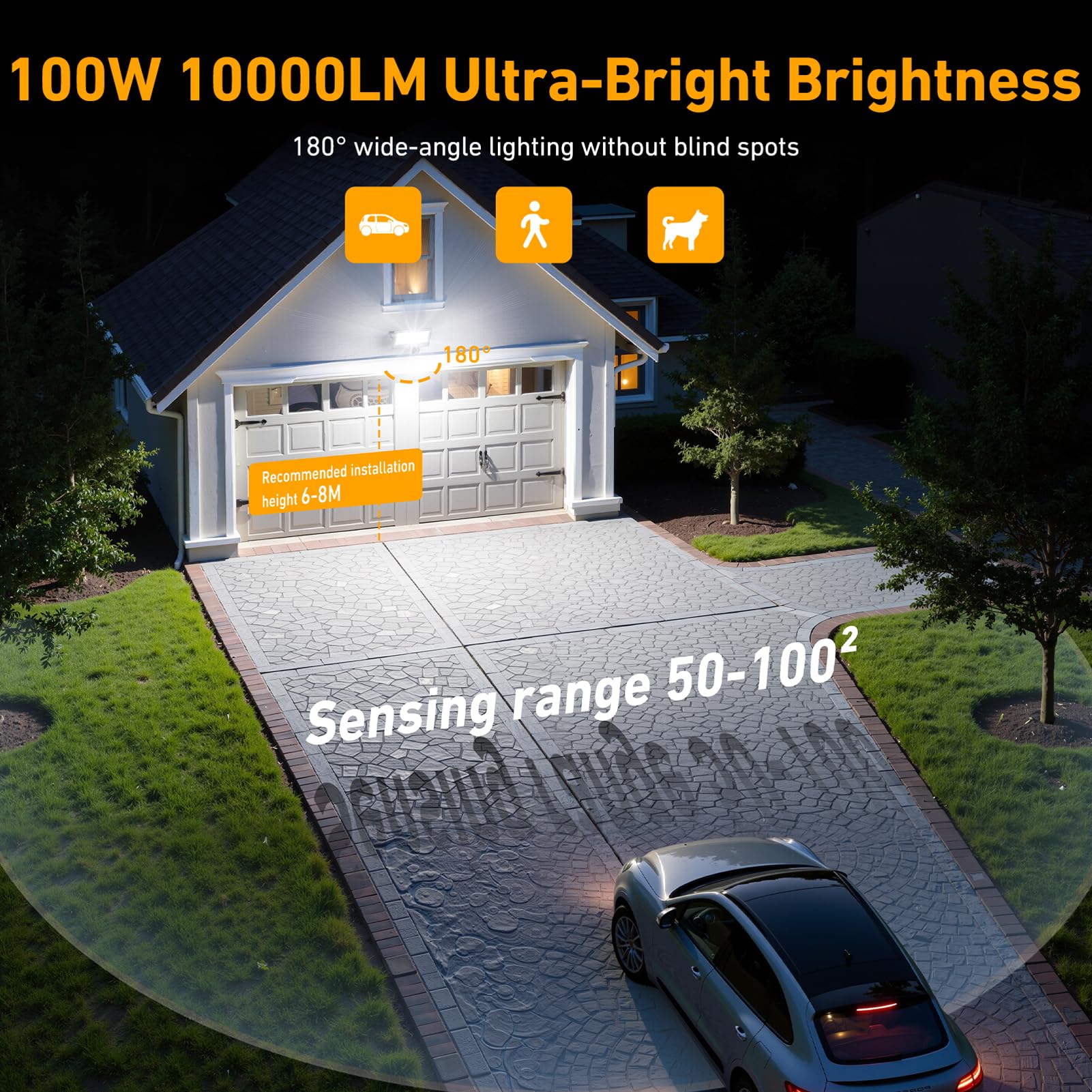 Foco LED Con Sensor De Movimiento - 2 Piezas 100W 10000LM 6 en 1 Luz Exterior Con Sensor De Movimiento, IP67 Impermeable Blanco 7000 K Proyector LED Exterior para Jardín, Patio, Garaje y Calle