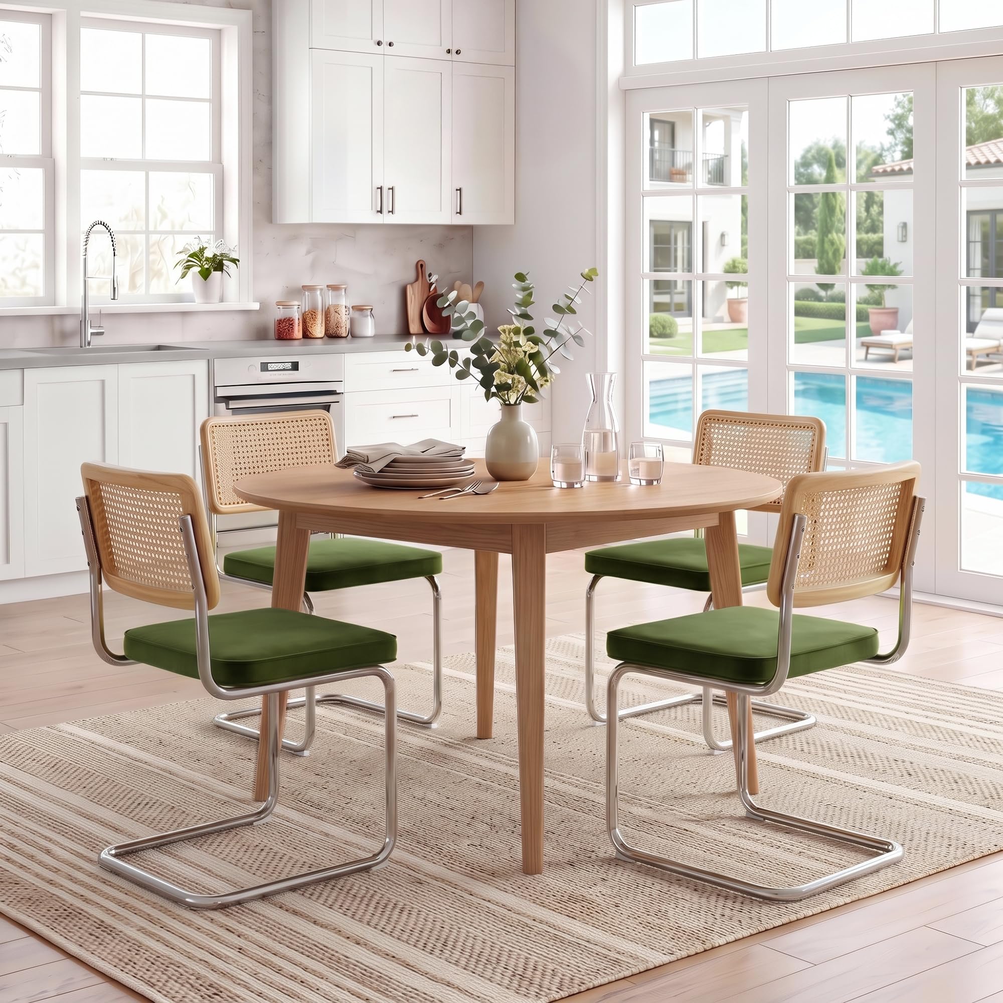 Dining Chairs Set of 4, Velvet Accent Chairs with Natural Cane Back & Stainless Chrome Base, Modern Mid Century Breuer Designed Chairs, Upholstered Rattan Dining Room Kitchen Chairs