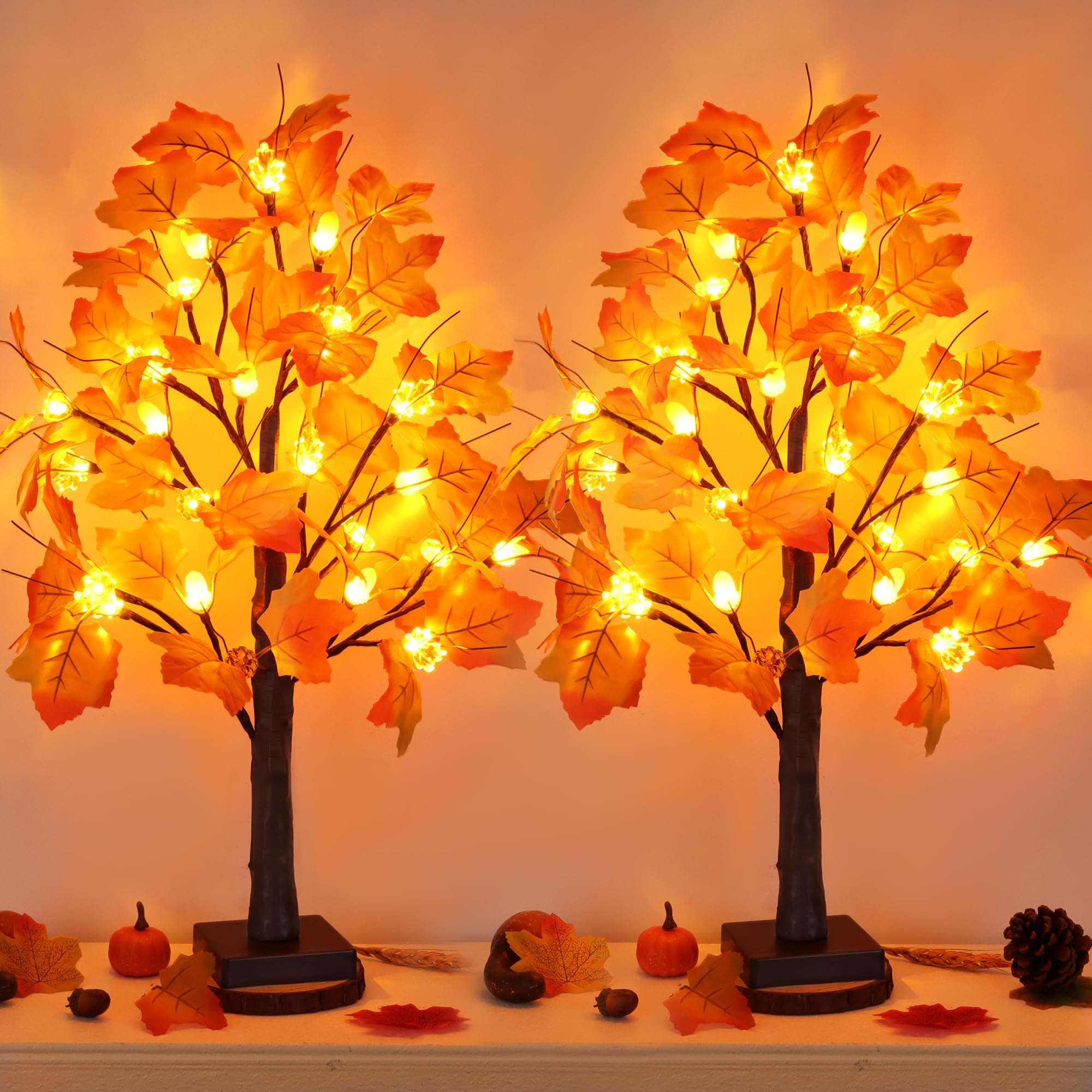 2 Pack 24 Inch Artificial Lighted Maple Tree with 48 LEDs Timer Fall Thanksgiving Decorations Battery Operated Prelit Maple Tree Table Lights for Thanksgiving Decor Home Indoor Autumn Harvest