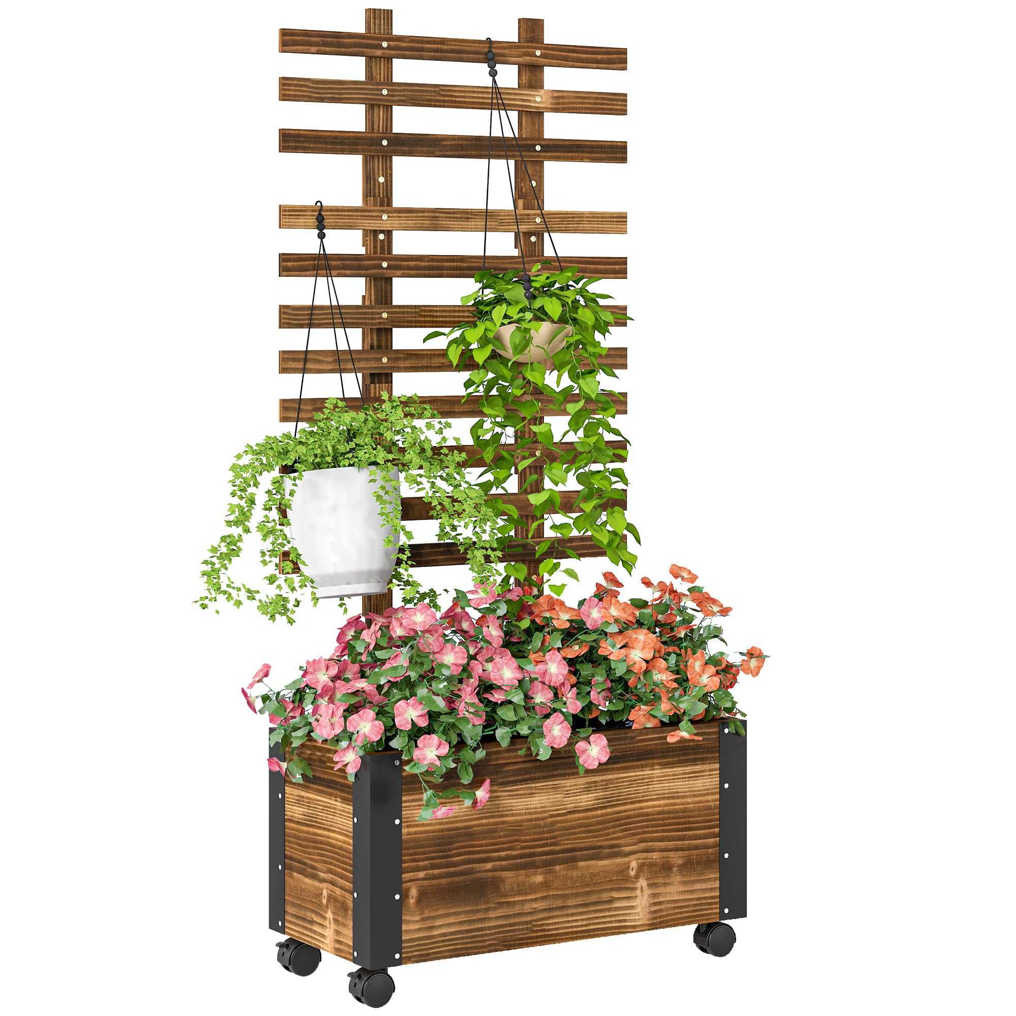 Outsunny Carbonised Finish Raised Garden Bed With Trellis And Wheels, Carbonised