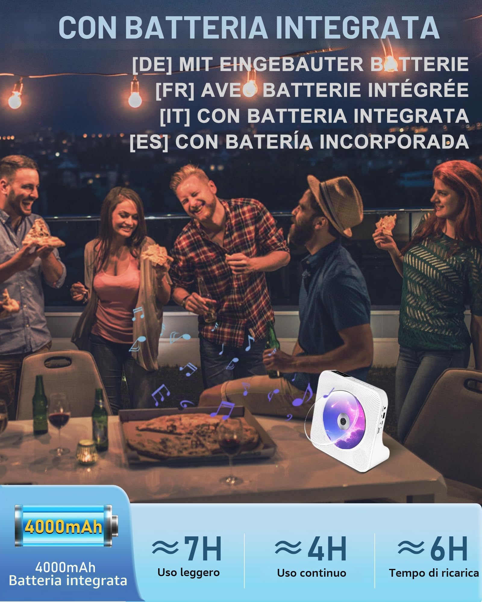 Lecteur CD rechargeable portable 4000mAh, lecteur CD stéréo avec Bluetooth | AUX, radio FM, USB, lecteur CD de bureau avec télécommande, couvercle poussière, écran LED