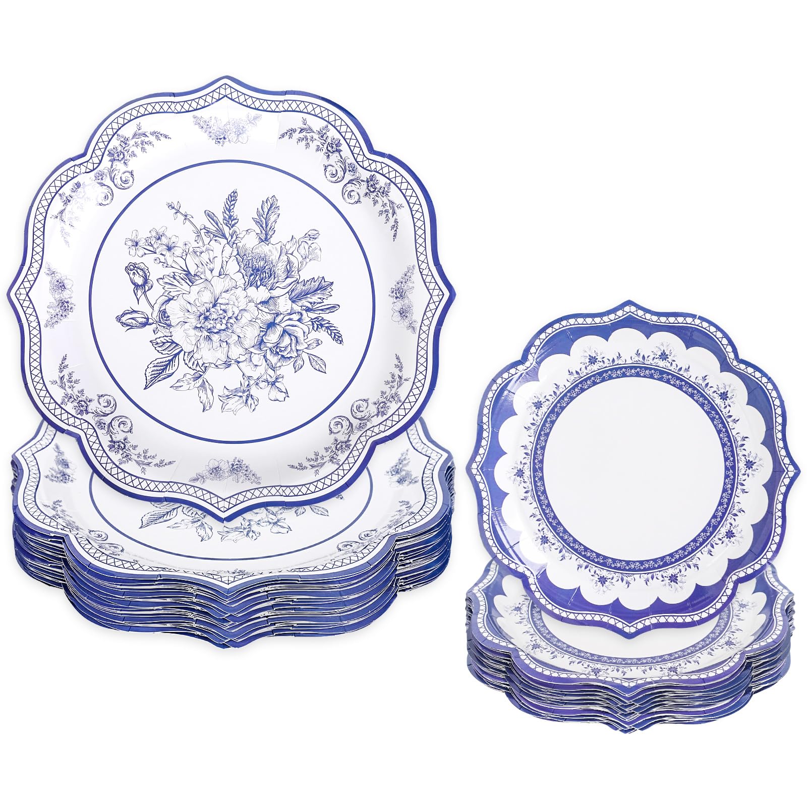 FYSUIMU 40 Pcs Paper Plates Chinoiserie Flower Scalloped Paper Plates 7 & 10 Inch Blue White Floral Disposable Plates for Wedding Birthday Spring