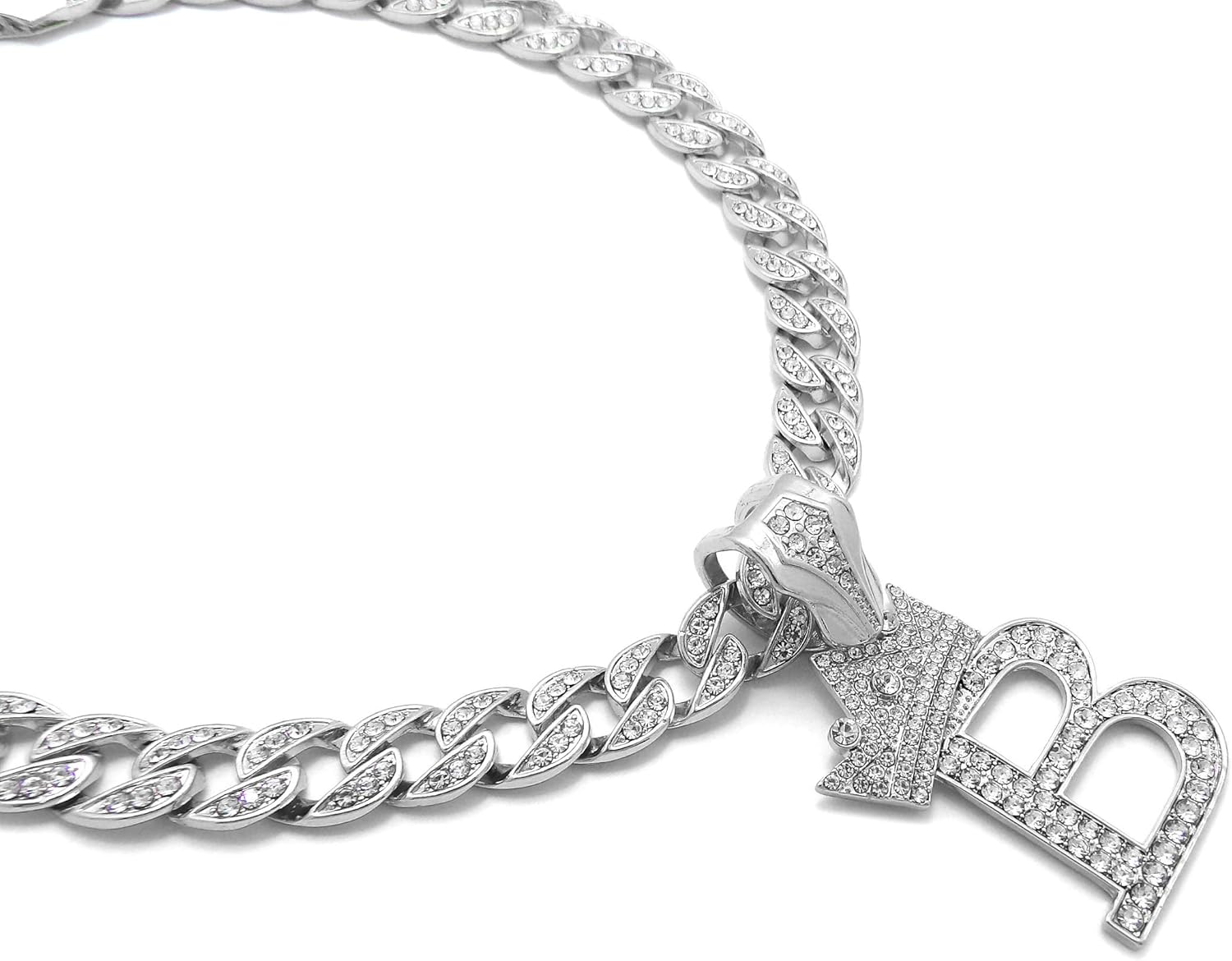 Kings and Queens Crowned Initial Letter B Crystals Pendant Silver-Tone Cuban Linked Chain Necklace