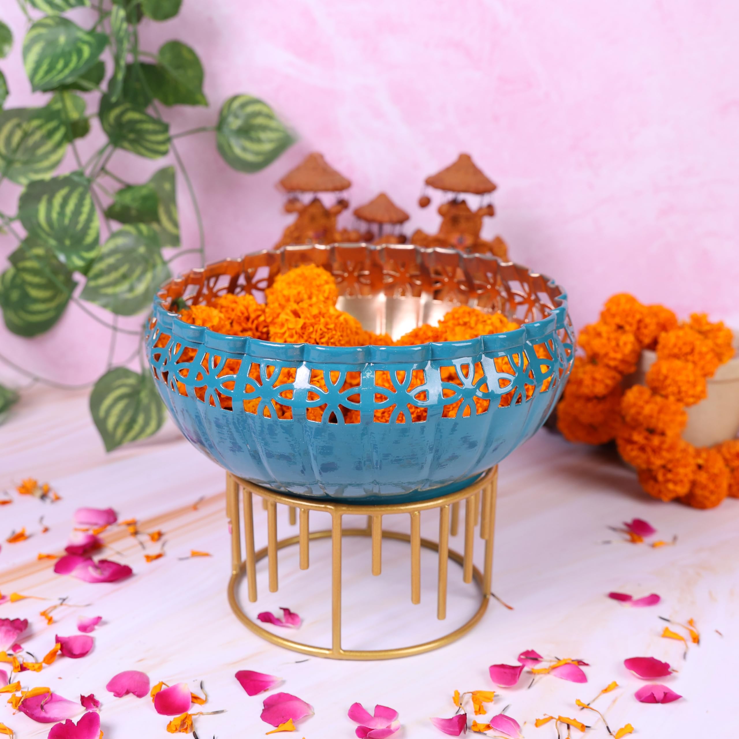 Green Urli Bowl with Stand for Home Décor & Table Decoration Tealight Candles Water Bowl for Diwali Pooja and Other Festivals | Gift for Various Occasions-image-39