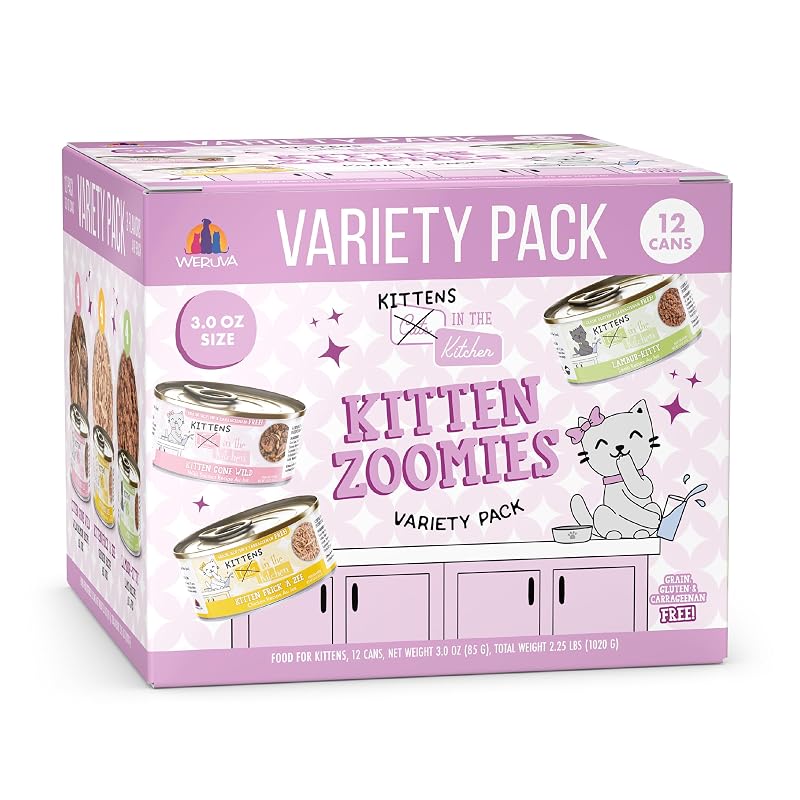 Ração úmida para gatos filhotes Weruva Kitten Zoomies Variety Pack, 12 latas de 85 g