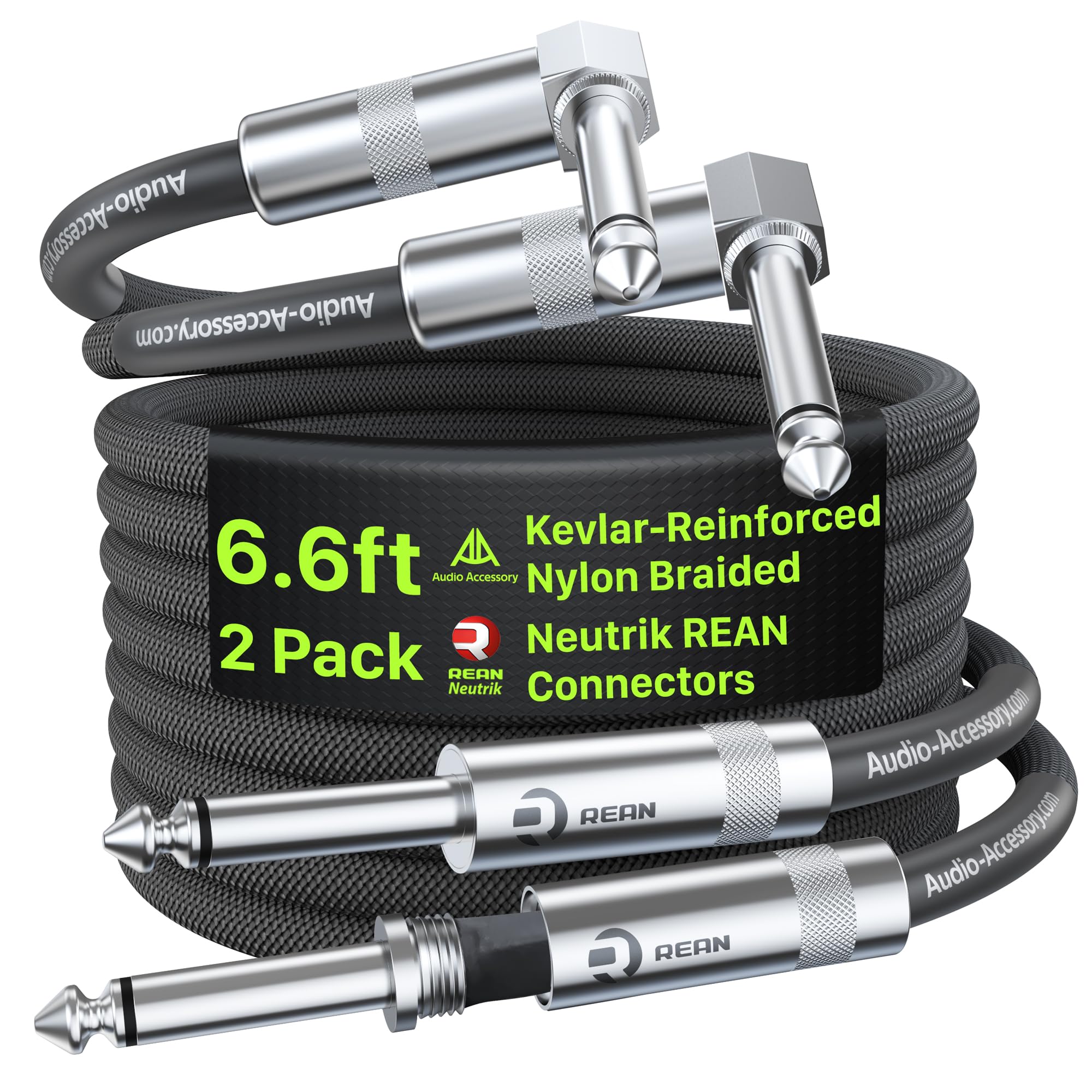 AA AUDIO ACCESSORY Right Angle Guitar Cable 2m 2 Pack, Kevlar-Reinforced 10X Heavy-Duty Nylon Braided