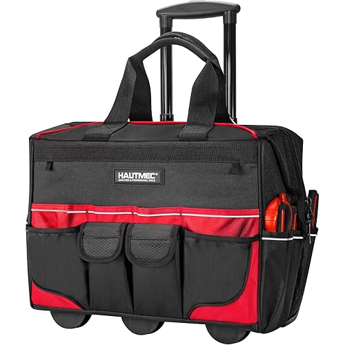 HAUTMEC 18" Rolling Tool Bag with Wheels, 23-Pocket Portable Tool Box Organizer with Water-Resistant Oxford Fabric, Wide-Mouth Design, Oversized Wheels & Telescoping Handle - HT0059