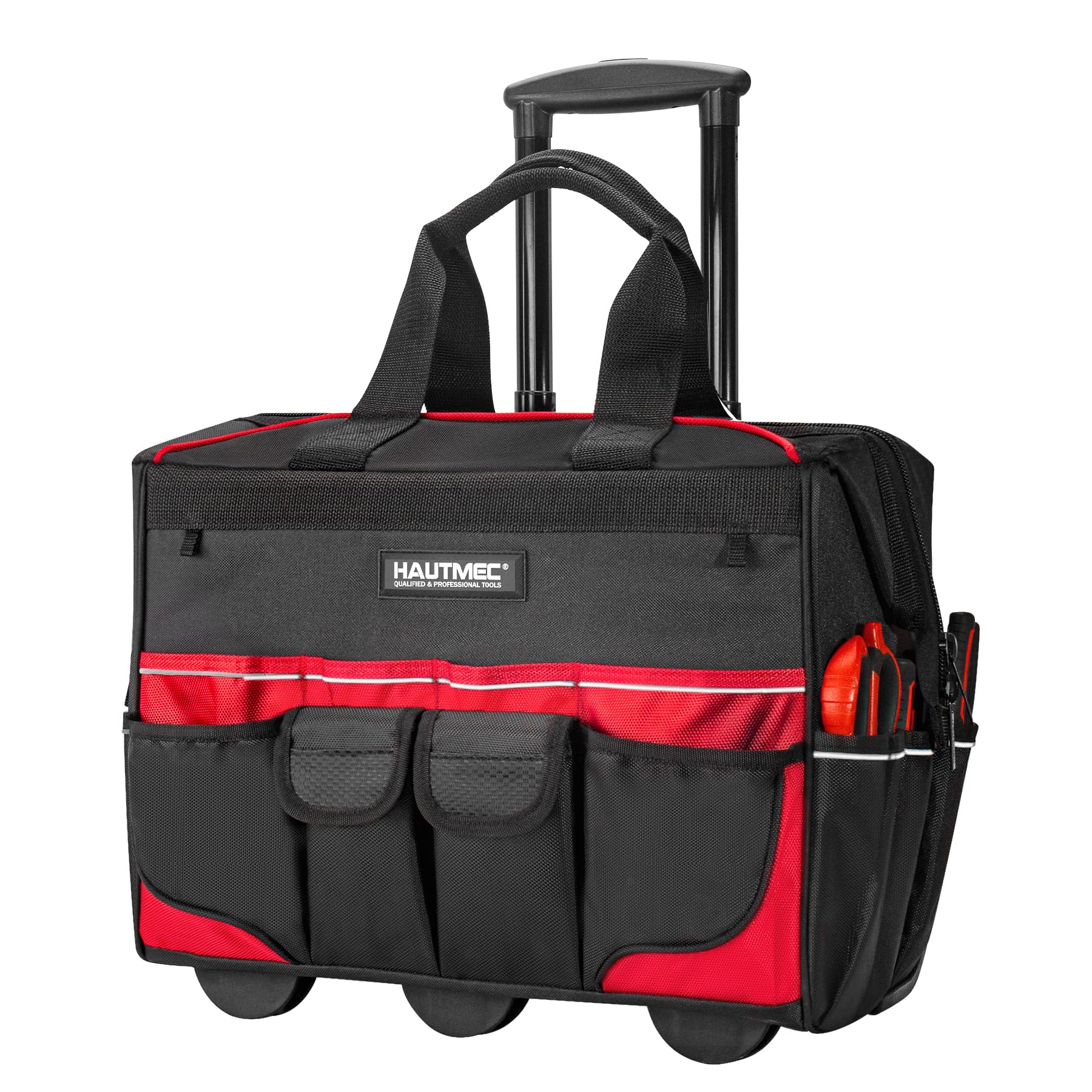 18" Rolling Tool Bag on Wheels, Heavy-Duty Tool Bag with High-Density Oxford Fabric, Oversized Off-Road Wheels, Wide-Mouth Design, 23-Pocket, Double Zipper & Telescoping Handle - HT0059