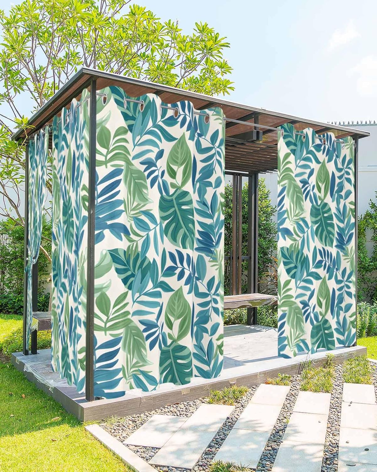 Palm Leaves Outdoor Curtains for Patio Waterproof,Green Blue Tropical Plants Summer Country Grommet Privacy Curtain Drapes Weatherproof Outside Curtains for Porch GazeboPergola Cabana 2 Panel 54x108